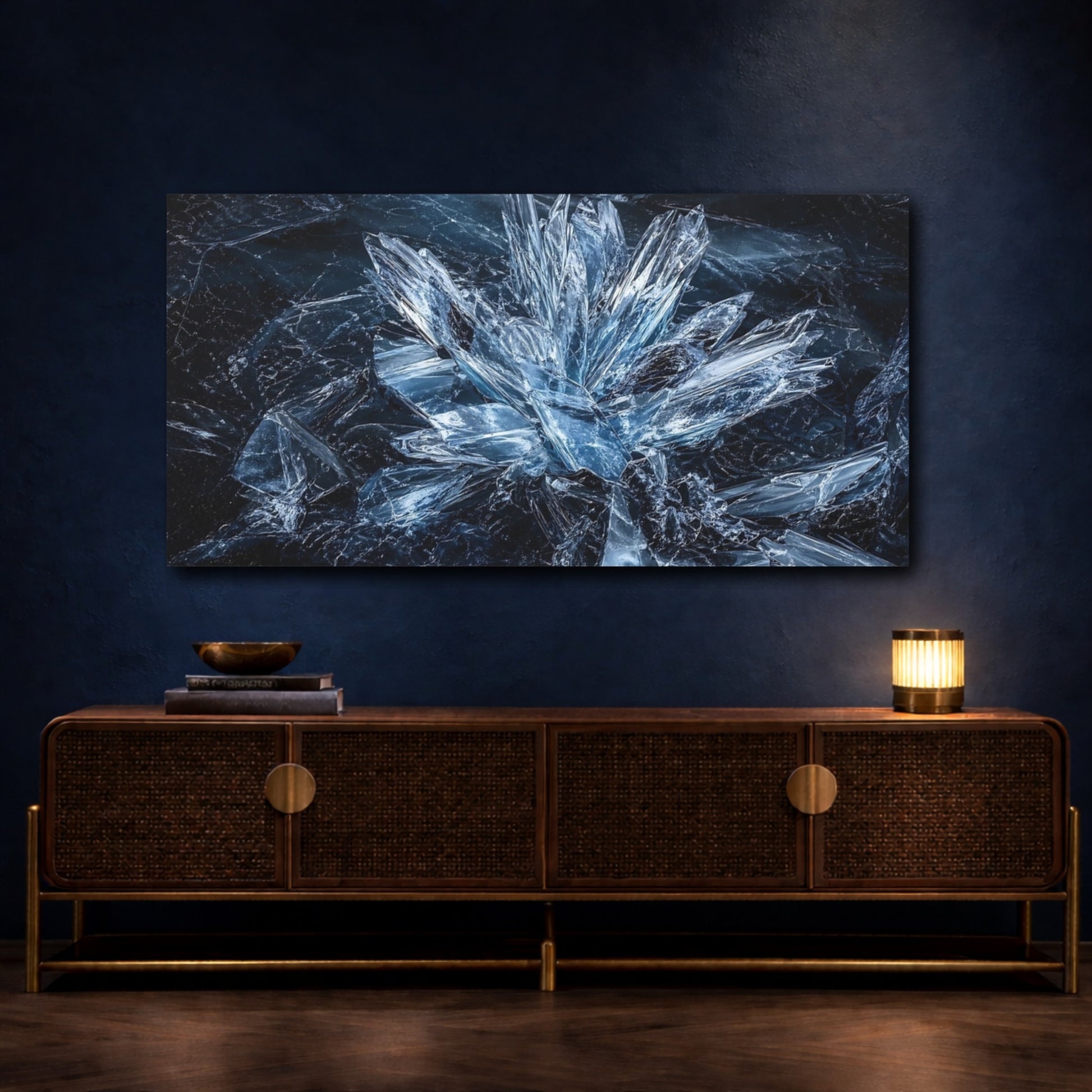 Mockup 3. Nature Ice Crystals Blue Ice shown as stretched canvas wall art