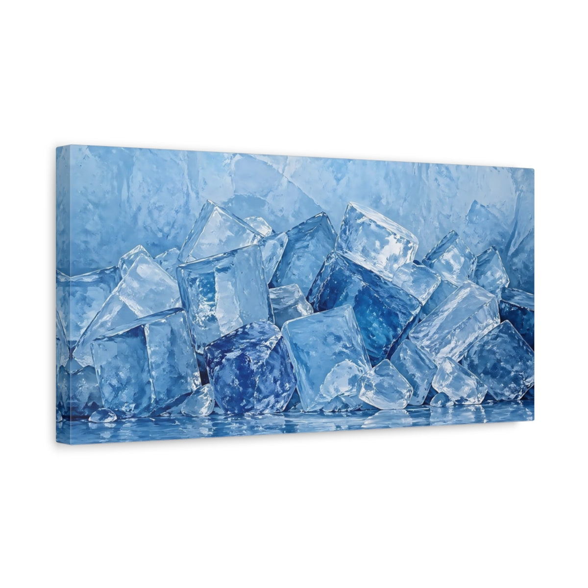 Side Mockup 3. Nature Ice Cubes Blue Ice shown as stretched canvas wall art