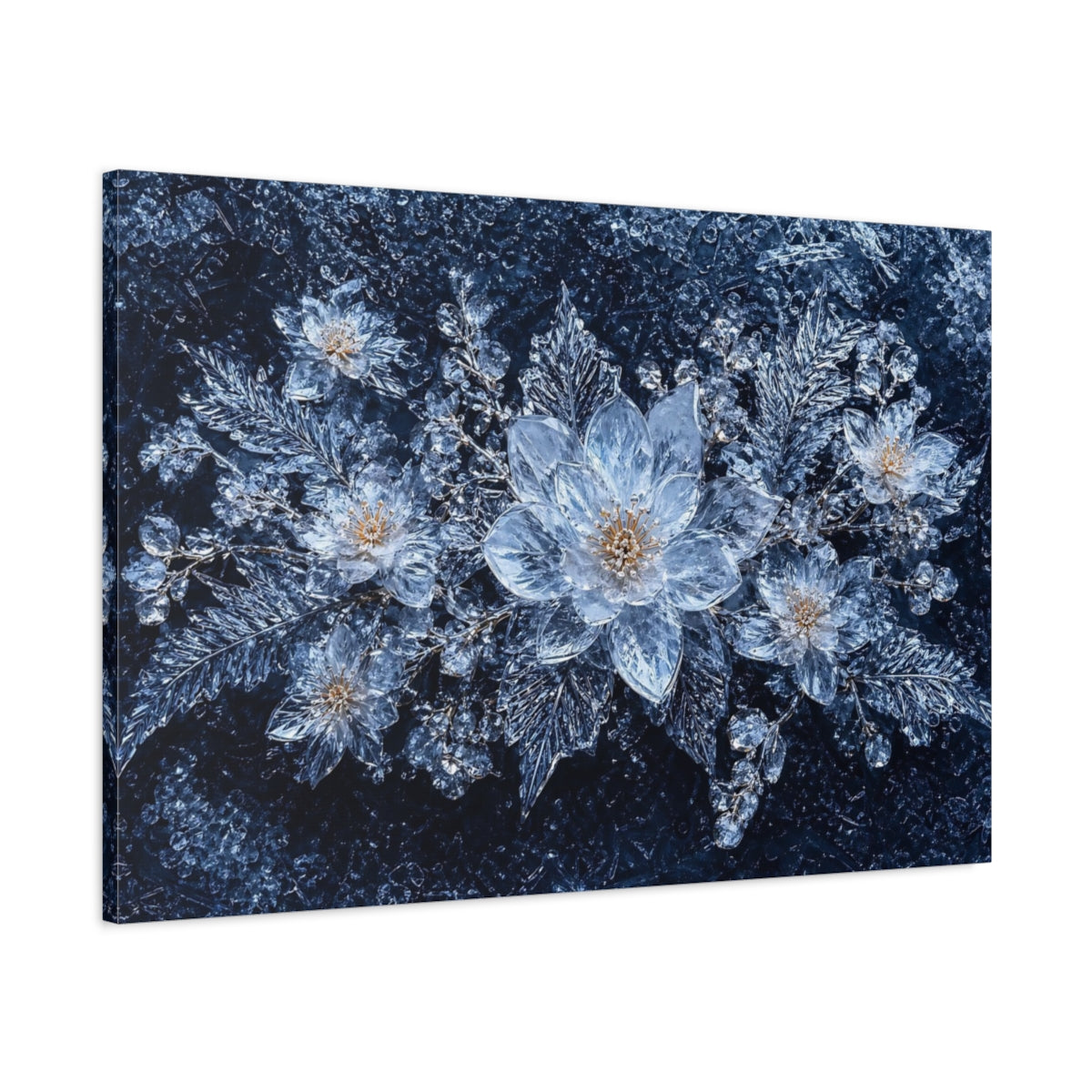 Main Mockup. Nature Ice Flowers Blue And Silver shown as stretched canvas wall art