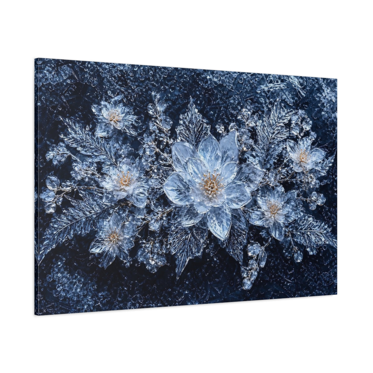 Side Mockup 1. Nature Ice Flowers Blue And Silver shown as stretched canvas wall art