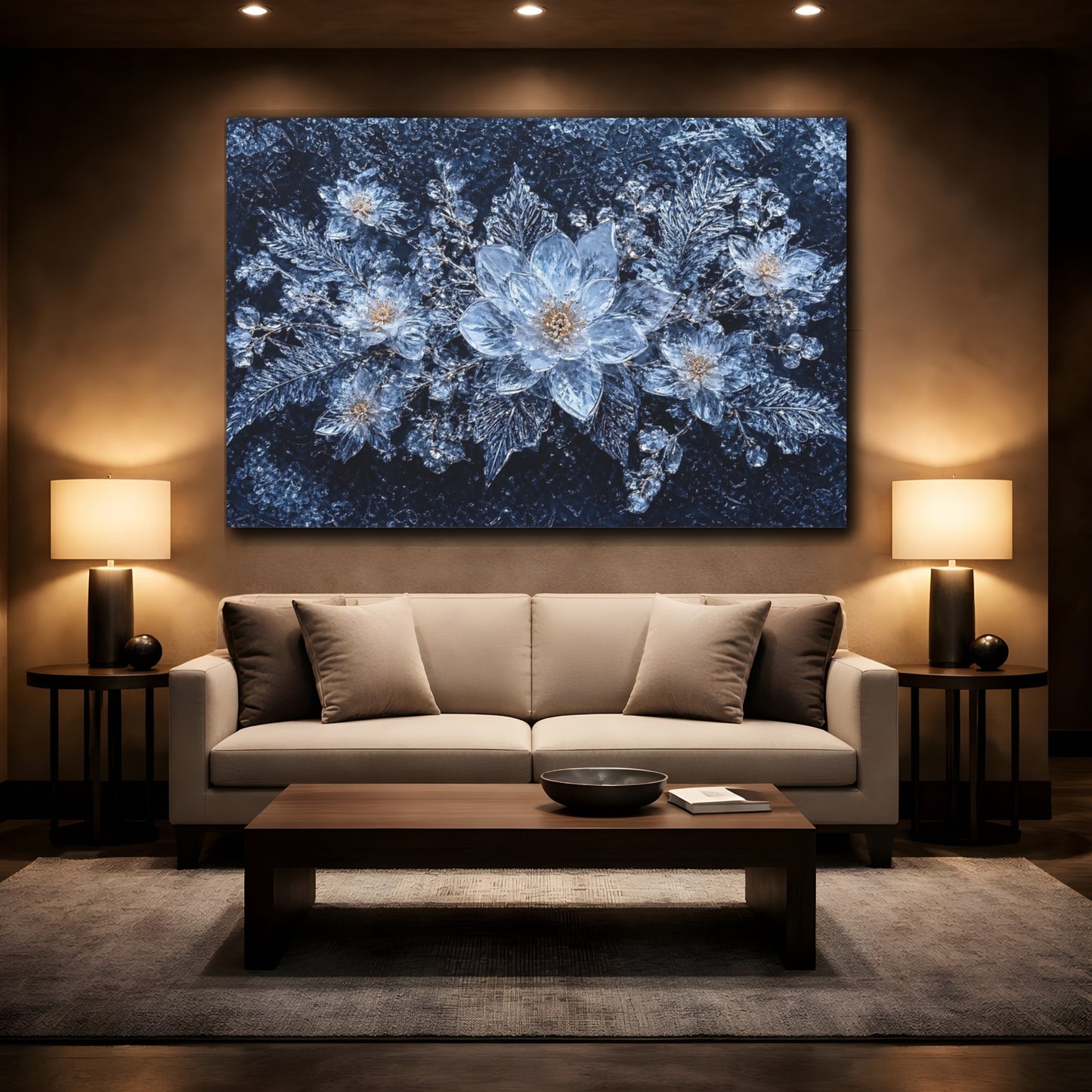 Mockup 2. Nature Ice Flowers Blue And Silver shown as stretched canvas wall art