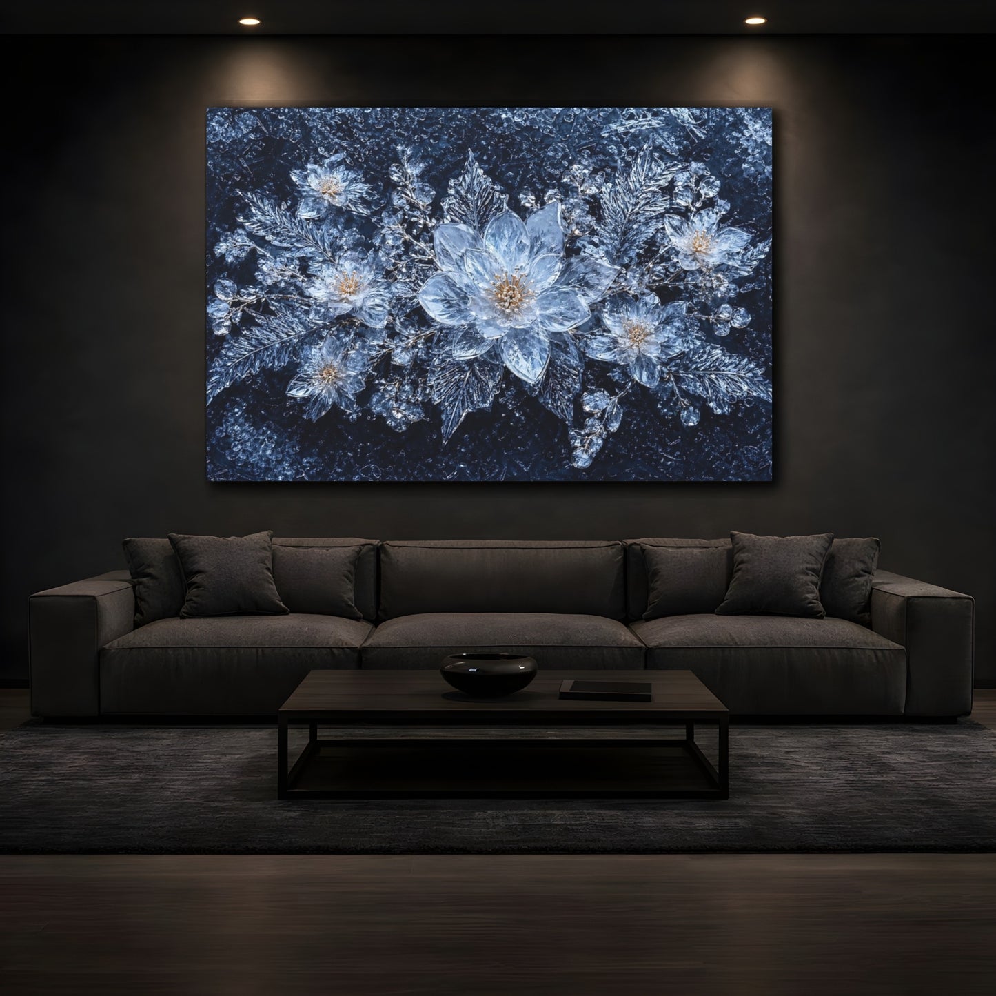 Mockup 3. Nature Ice Flowers Blue And Silver shown as stretched canvas wall art