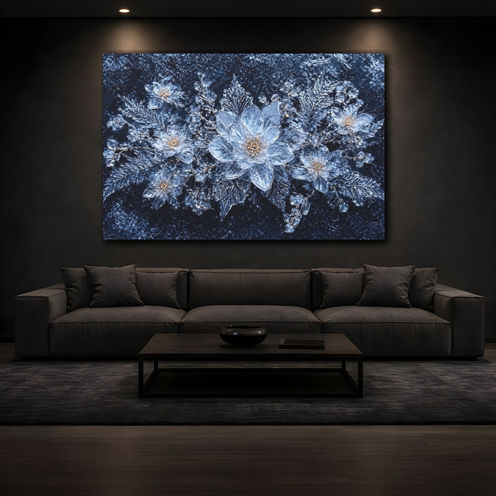 Mockup 3. Nature Ice Flowers Blue And Silver shown as stretched canvas wall art