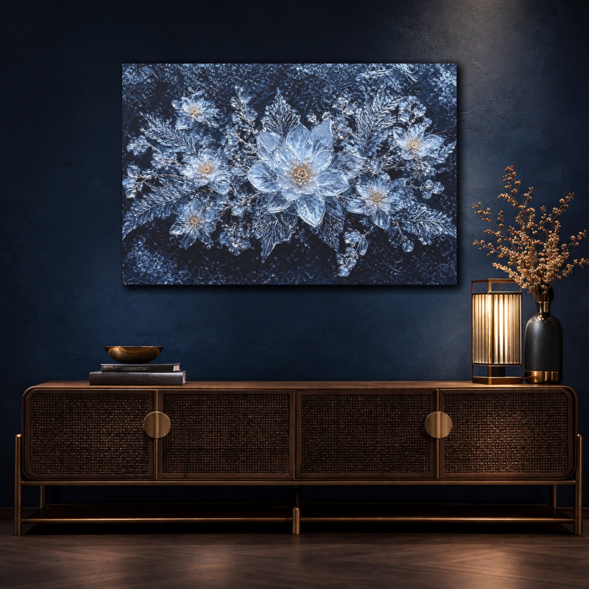 Mockup 4. Nature Ice Flowers Blue And Silver shown as stretched canvas wall art