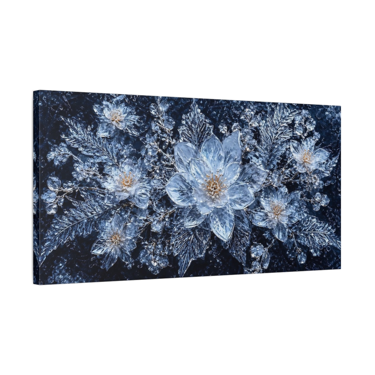 Side Mockup 1. Nature Ice Flowers Blue Ice Floral shown as stretched canvas wall art