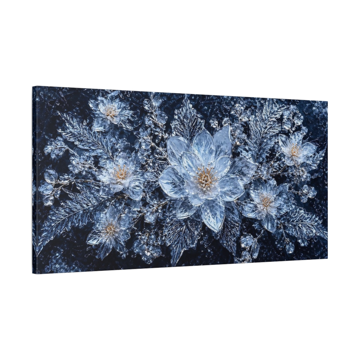 Main Mockup. Nature Ice Flowers Blue Ice Floral shown as stretched canvas wall art