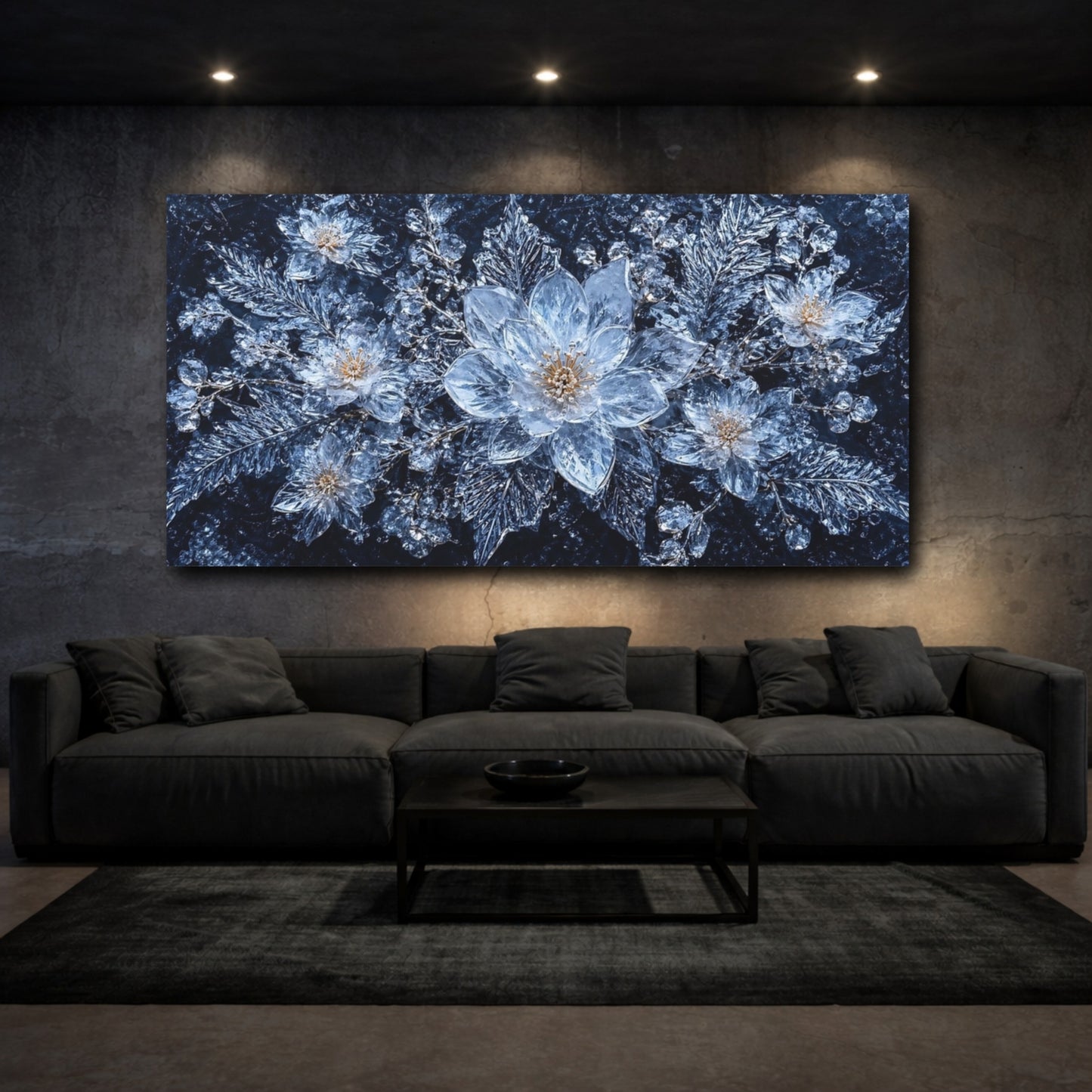 Mockup 2. Nature Ice Flowers Blue Ice Floral shown as stretched canvas wall art