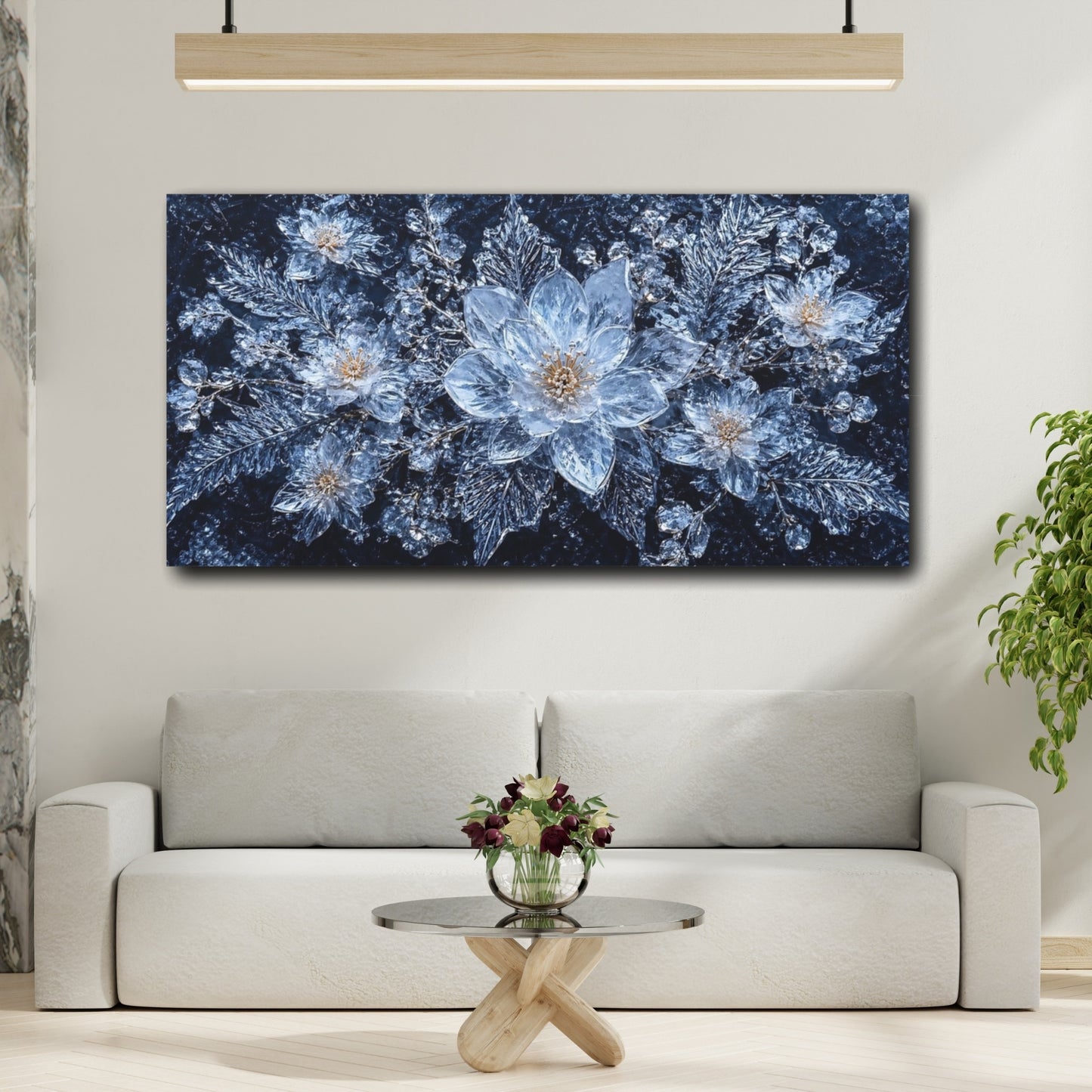 Mockup 3. Nature Ice Flowers Blue Ice Floral shown as stretched canvas wall art