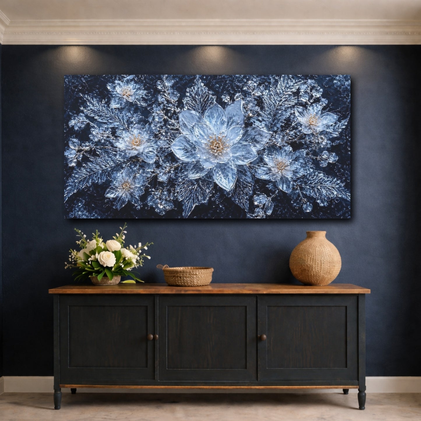 Mockup 4. Nature Ice Flowers Blue Ice Floral shown as stretched canvas wall art