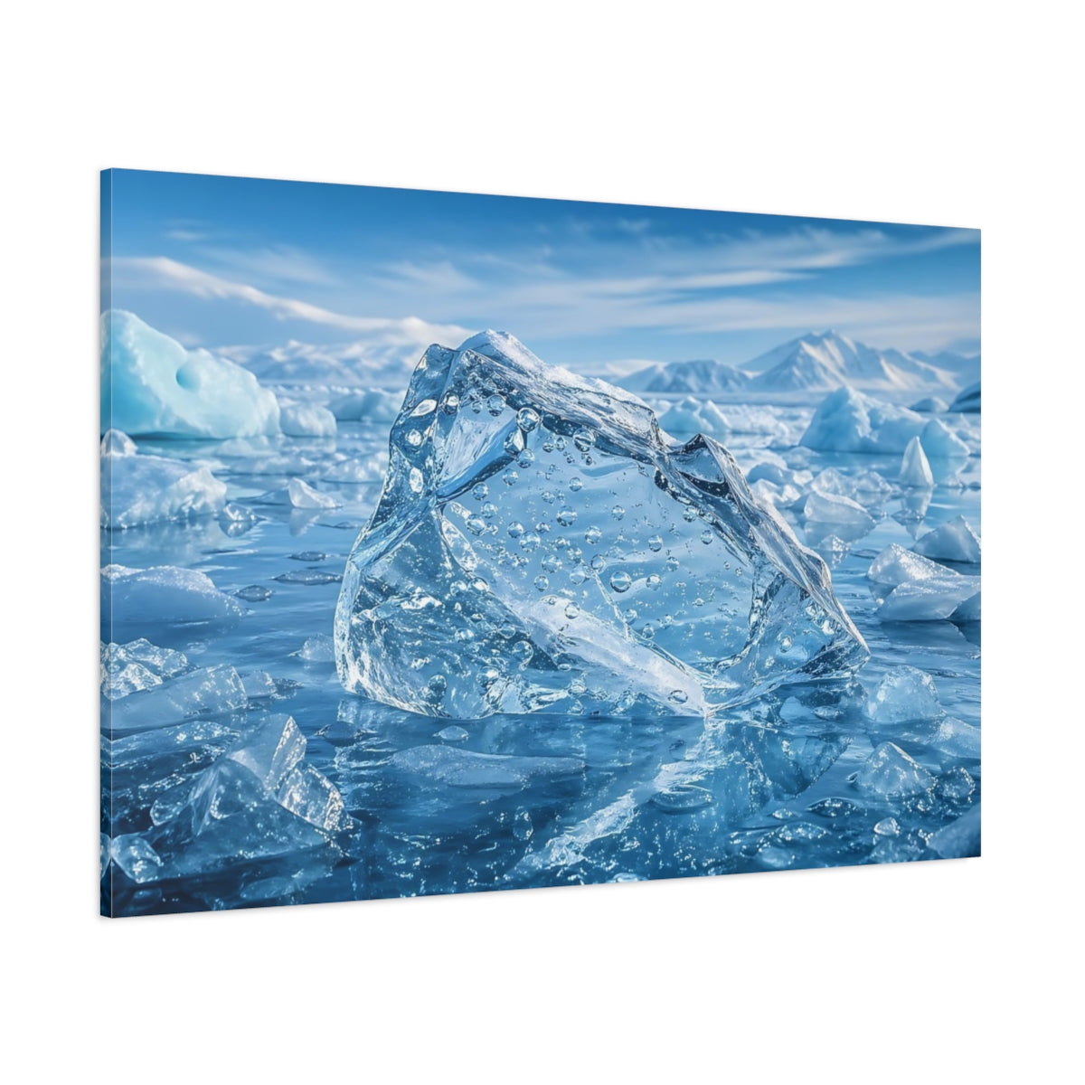 Side Mockup 1. Nature Iceberg Blue And White shown as stretched canvas wall art