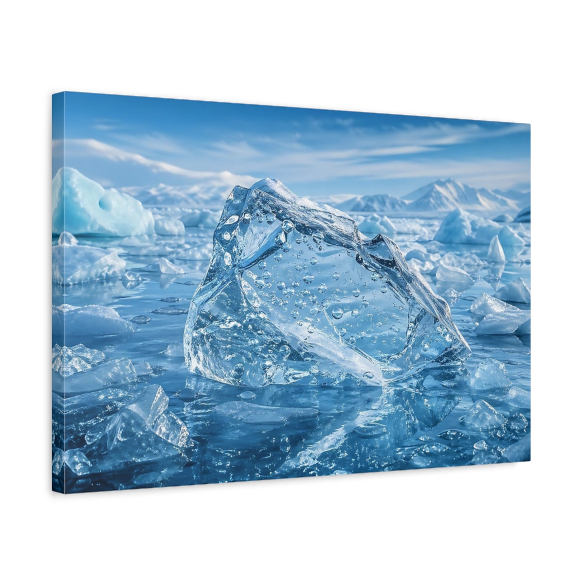 Side Mockup 3. Nature Iceberg Blue And White shown as stretched canvas wall art
