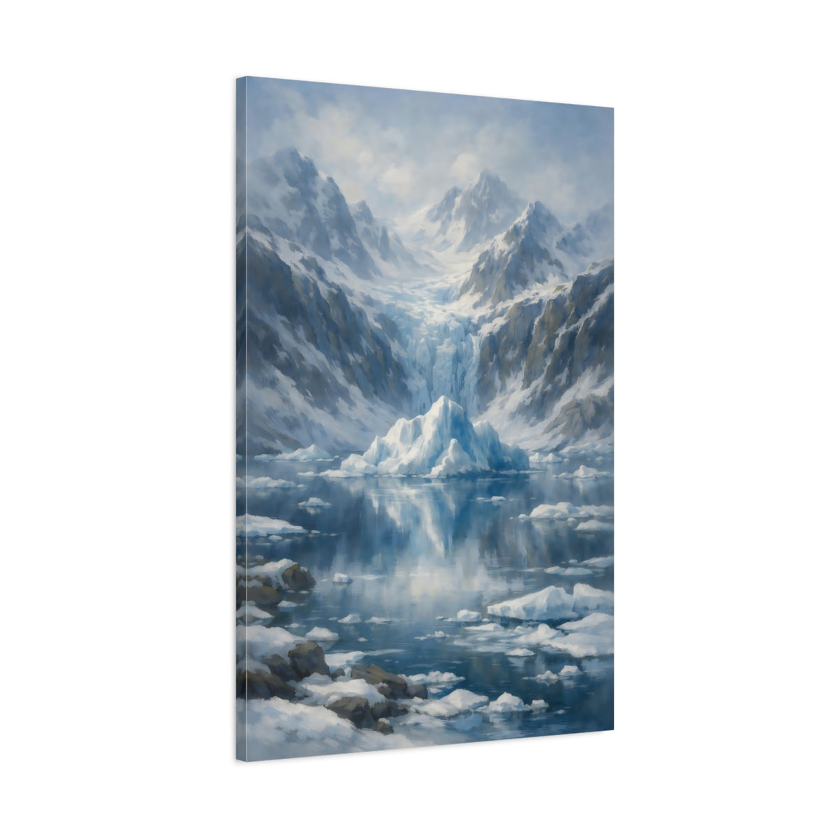 Side Mockup 1. Nature Iceberg Blue And White shown as stretched canvas wall art