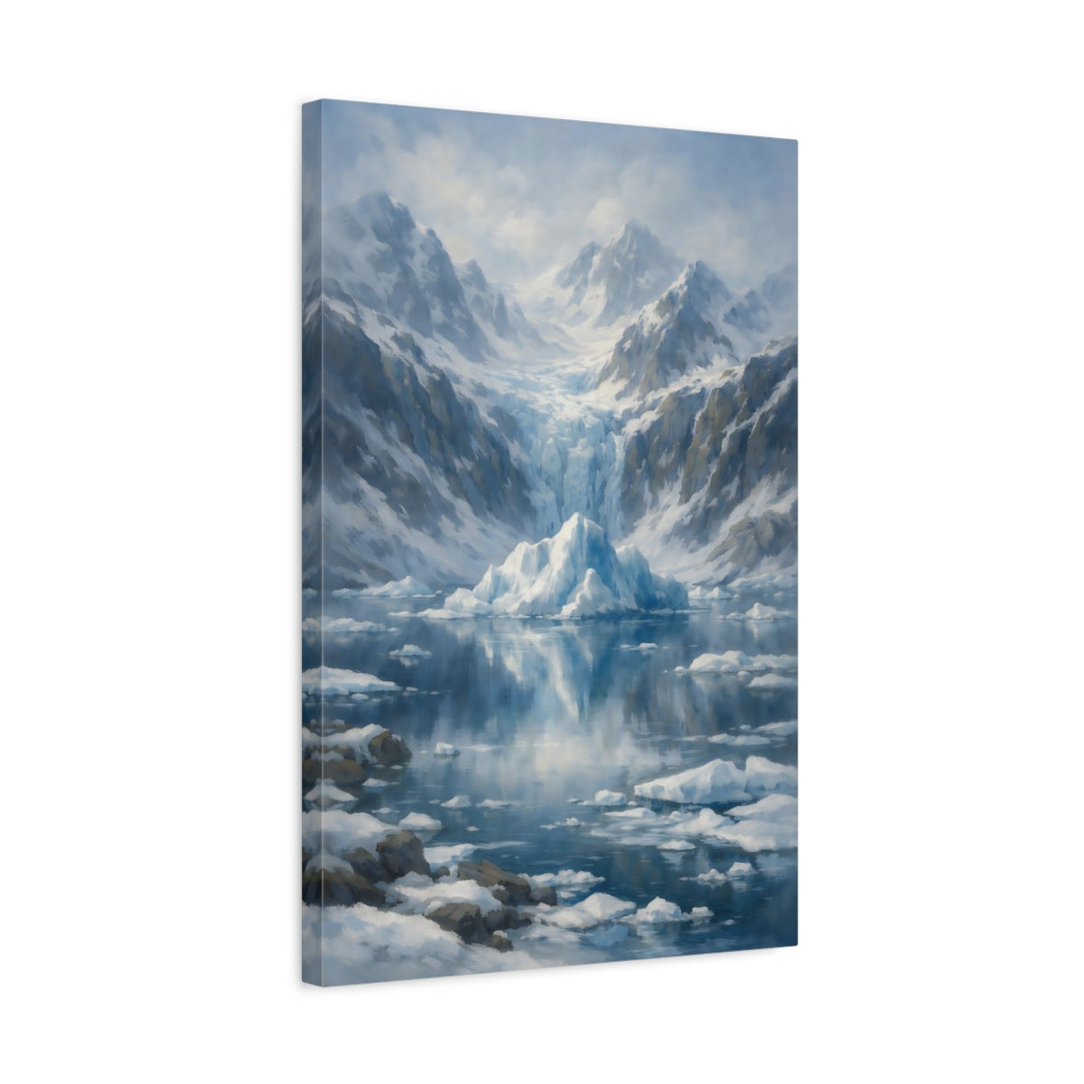 Side Mockup 3. Nature Iceberg Blue And White shown as stretched canvas wall art