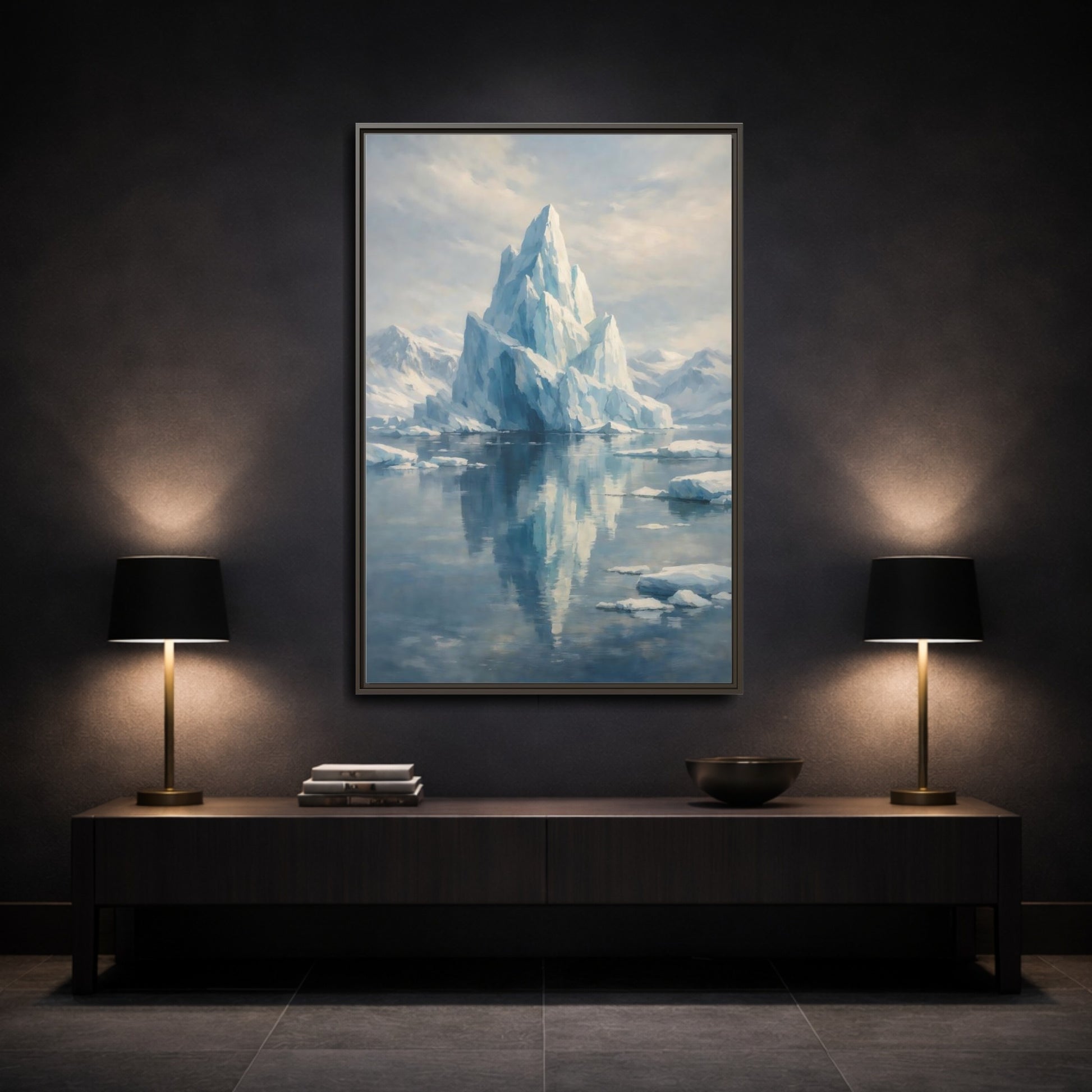 Mockup 2. Nature Iceberg Blue And White Iceberg shown as stretched canvas wall art