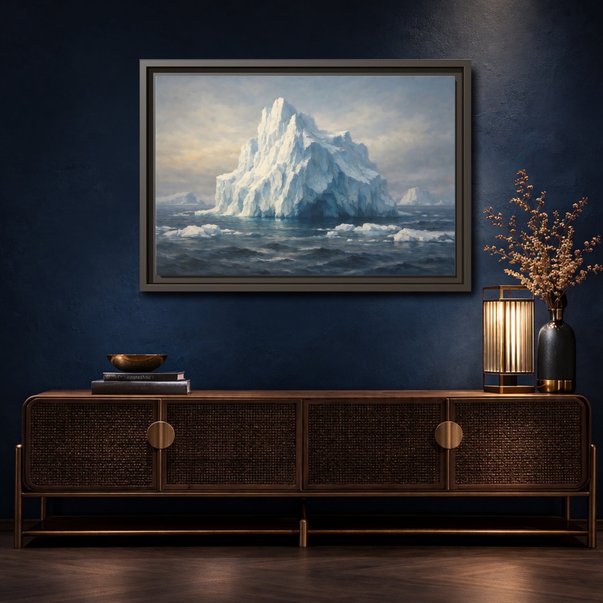 Mockup 4. Nature Iceberg Blue And White Iceberg shown as stretched canvas wall art