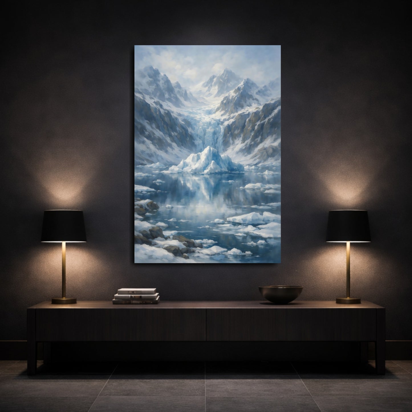 Mockup 2. Nature Iceberg Blue And White shown as stretched canvas wall art