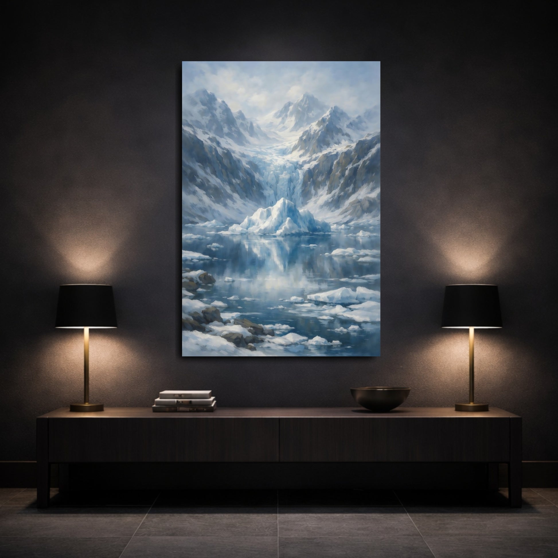 Mockup 2. Nature Iceberg Blue And White shown as stretched canvas wall art