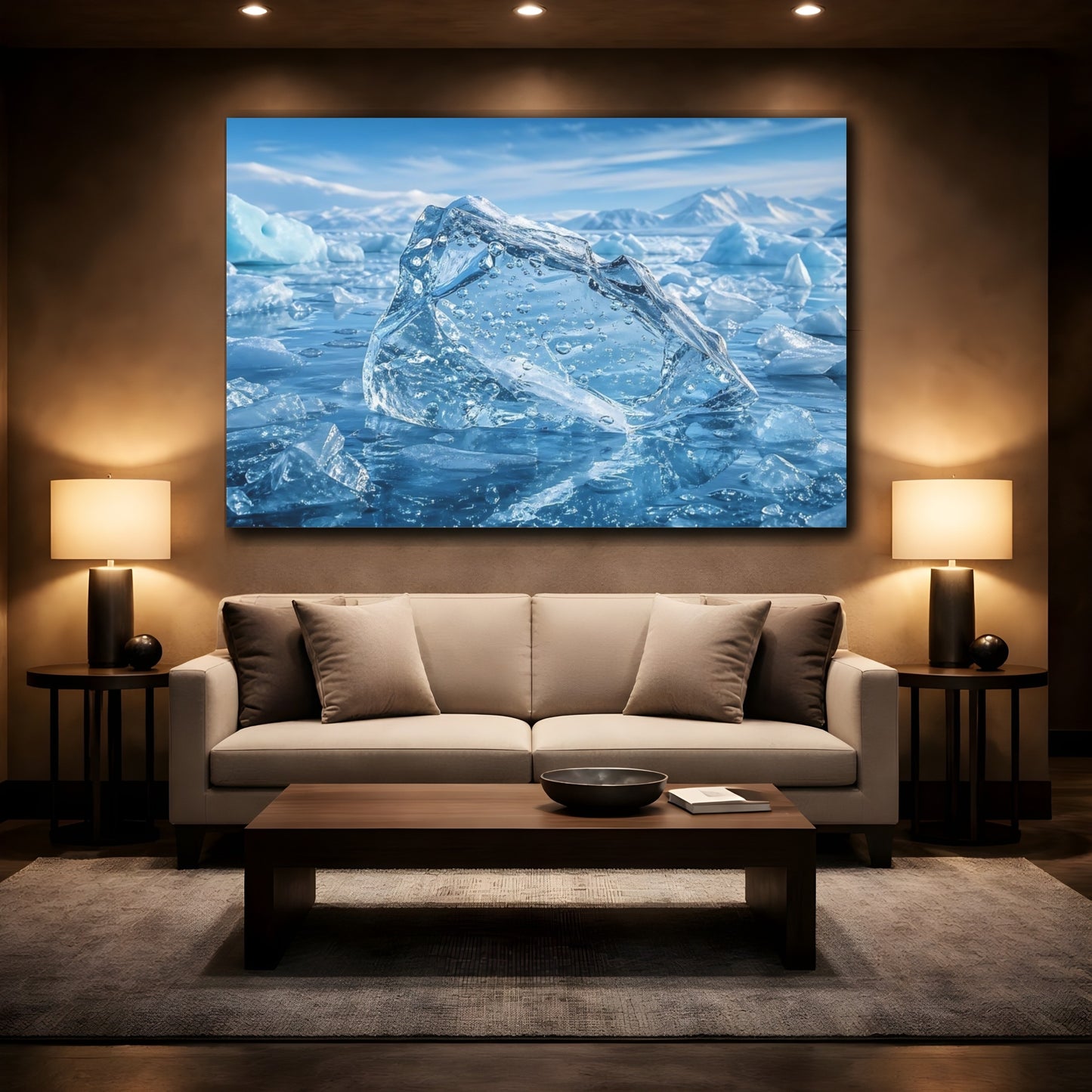 Mockup 2. Nature Iceberg Blue And White shown as stretched canvas wall art