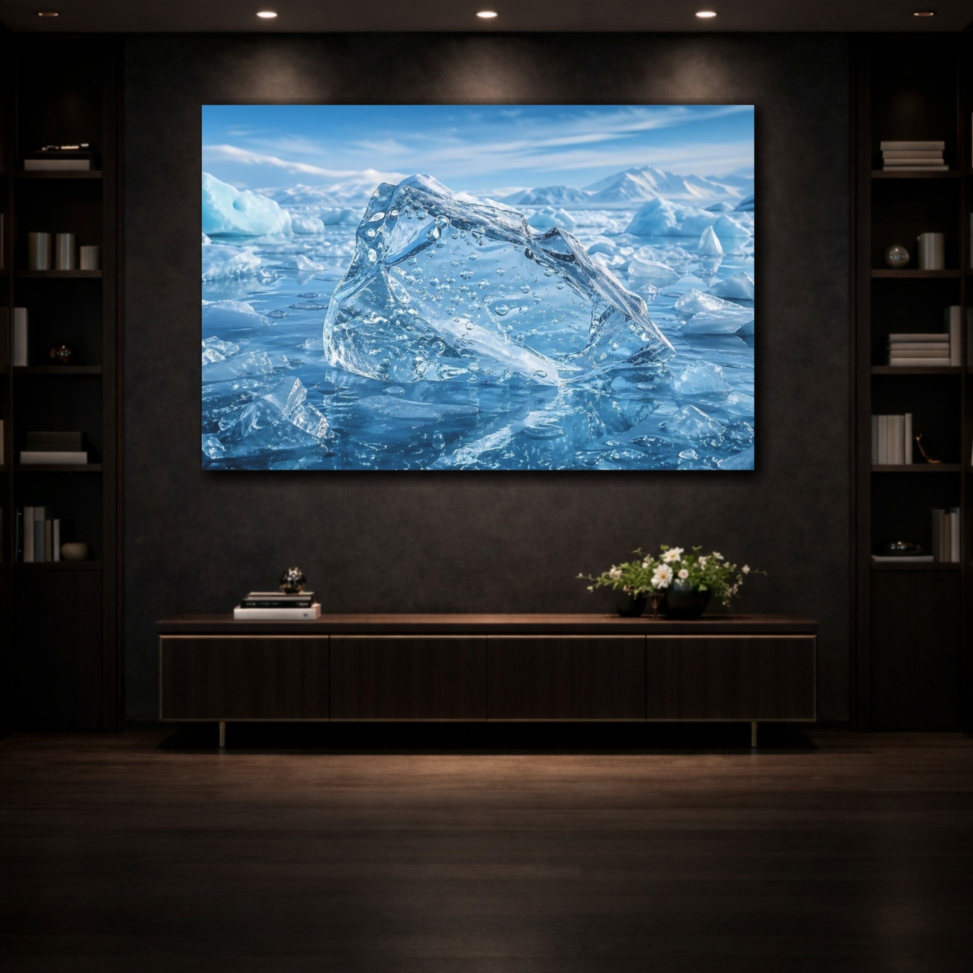 Mockup 3. Nature Iceberg Blue And White shown as stretched canvas wall art