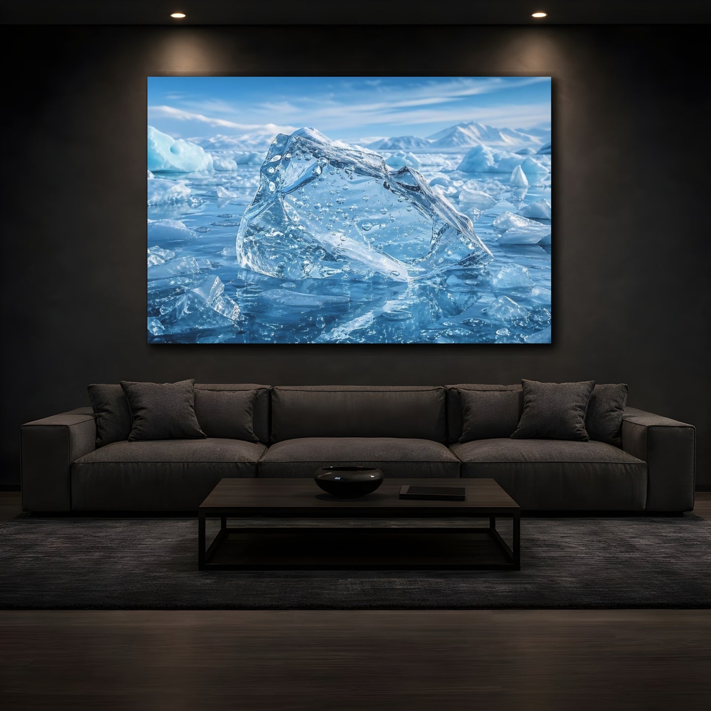 Mockup 4. Nature Iceberg Blue And White shown as stretched canvas wall art
