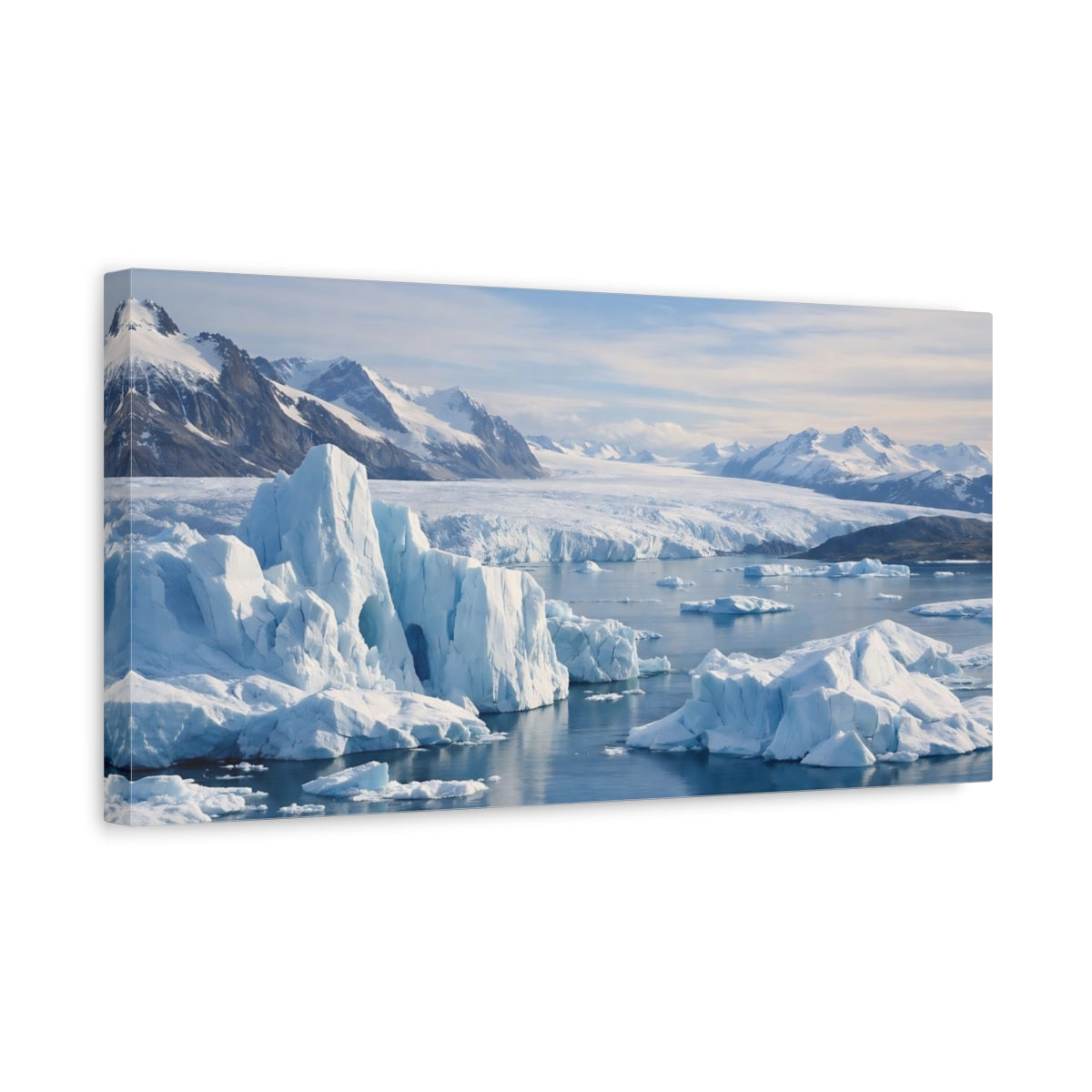 Side Mockup 3. Nature Icebergs Blue And White shown as stretched canvas wall art