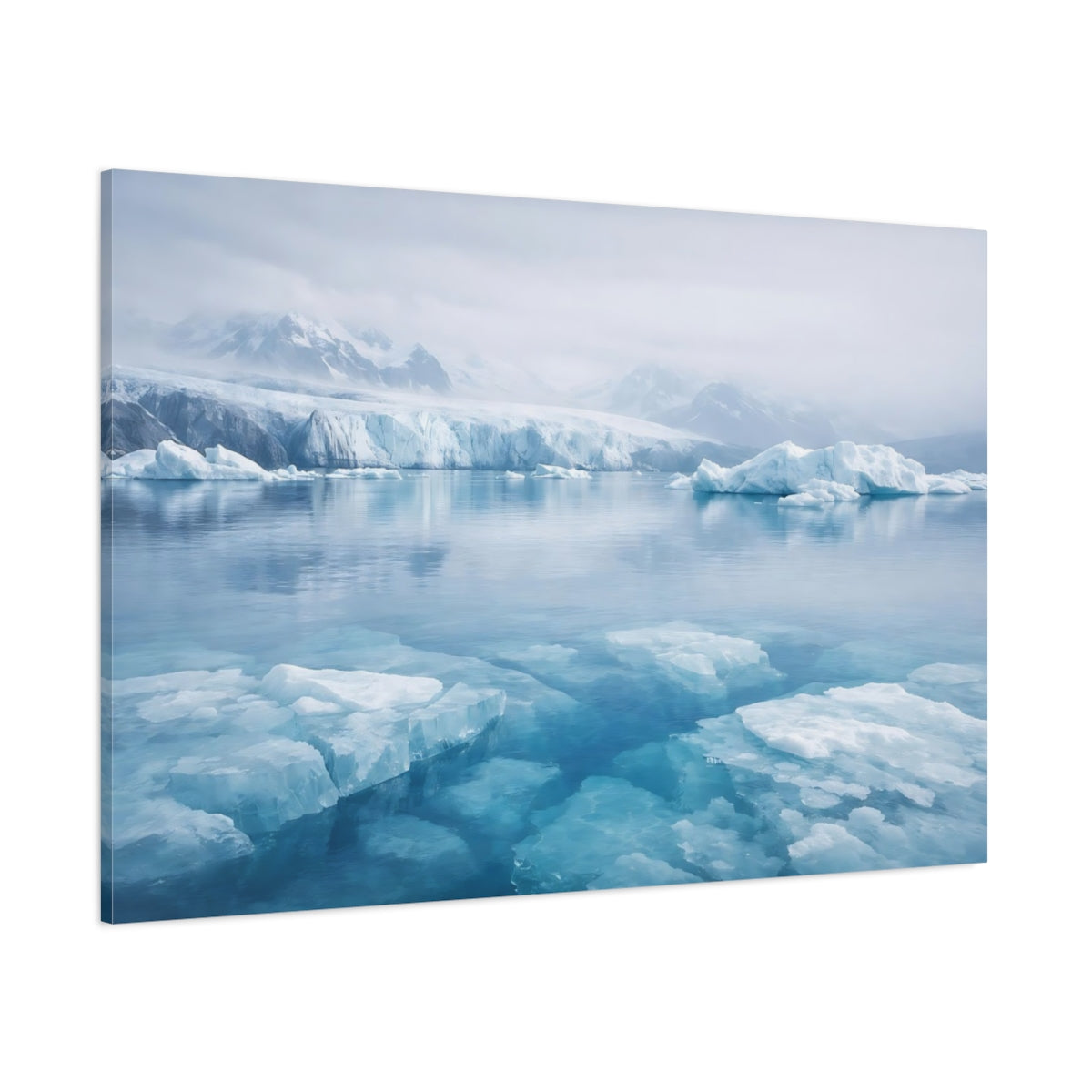 Side Mockup 1. Nature Icebergs Blue Arctic shown as stretched canvas wall art