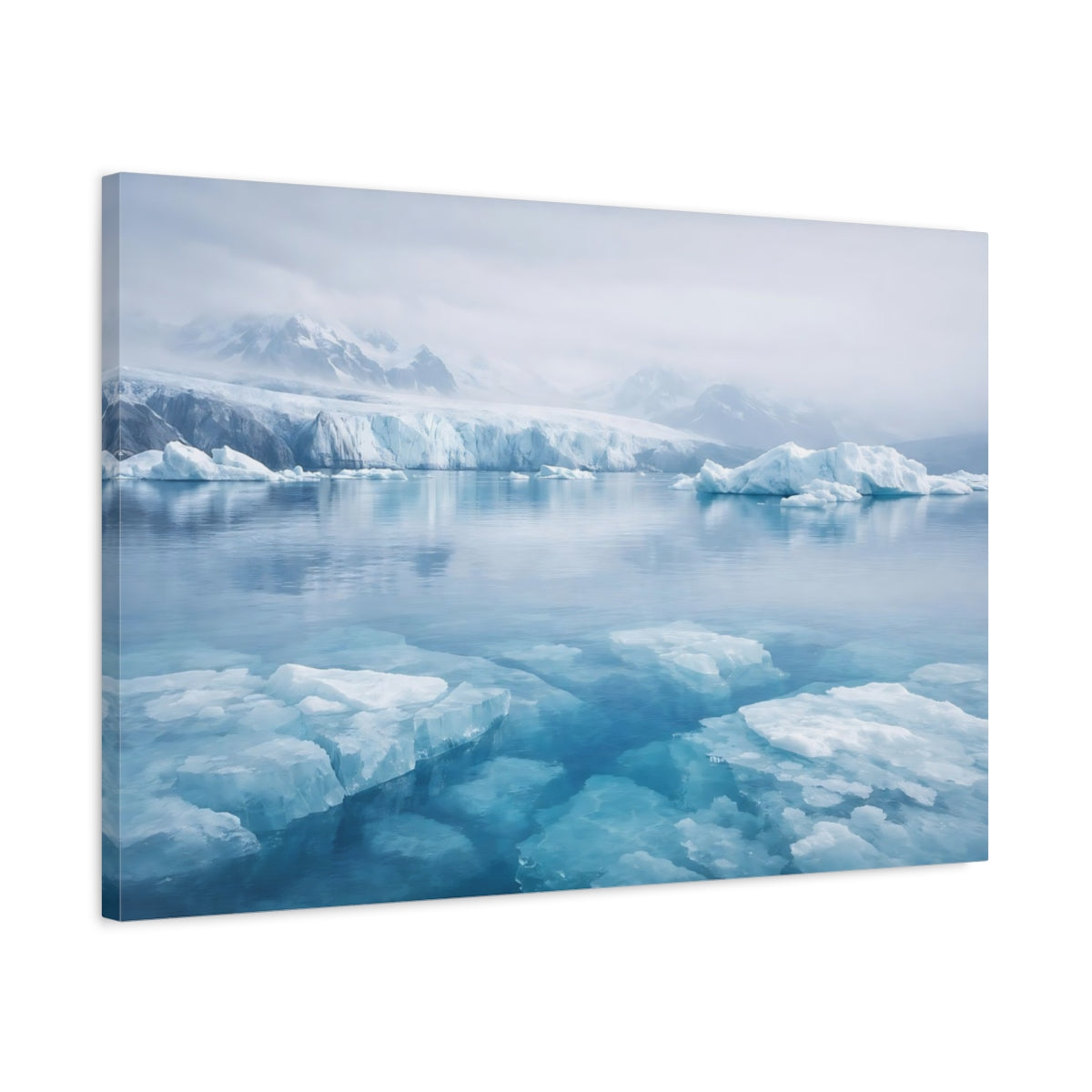 Side Mockup 2. Nature Icebergs Blue Arctic shown as stretched canvas wall art