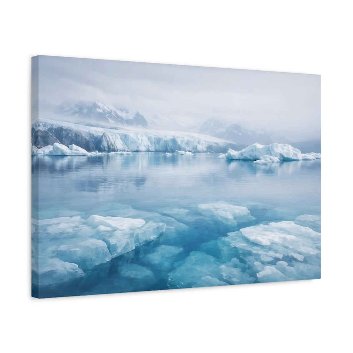 Side Mockup 3. Nature Icebergs Blue Arctic shown as stretched canvas wall art