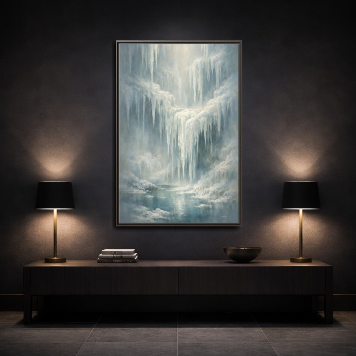 Mockup 2. Nature Icefall Winter Icefall shown as stretched canvas wall art