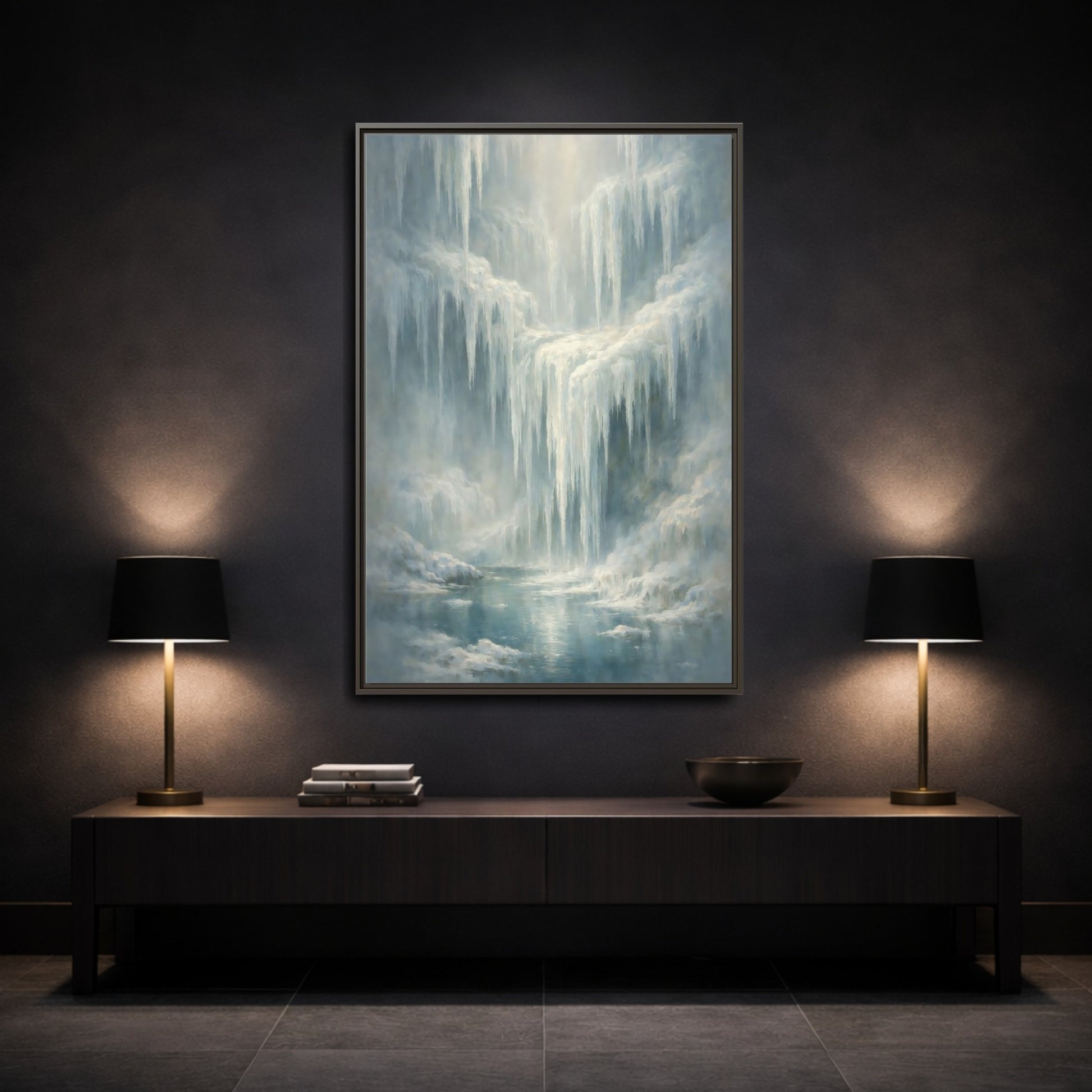 Mockup 2. Nature Icefall Winter Icefall shown as stretched canvas wall art