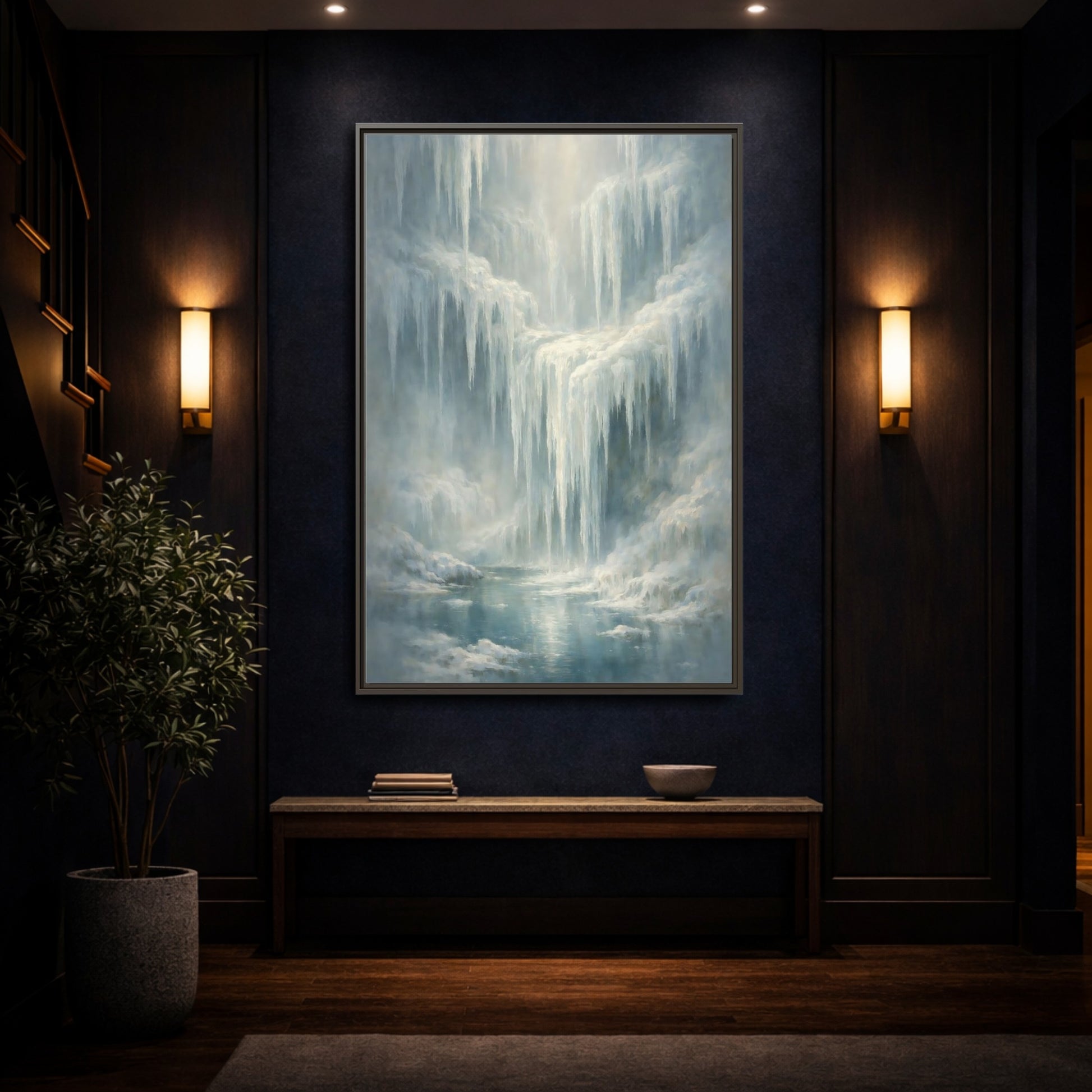 Mockup 3. Nature Icefall Winter Icefall shown as stretched canvas wall art