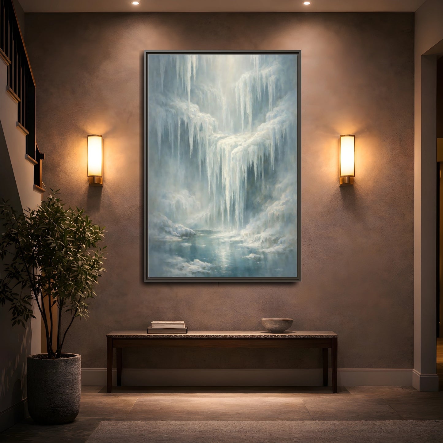Mockup 4. Nature Icefall Winter Icefall shown as stretched canvas wall art