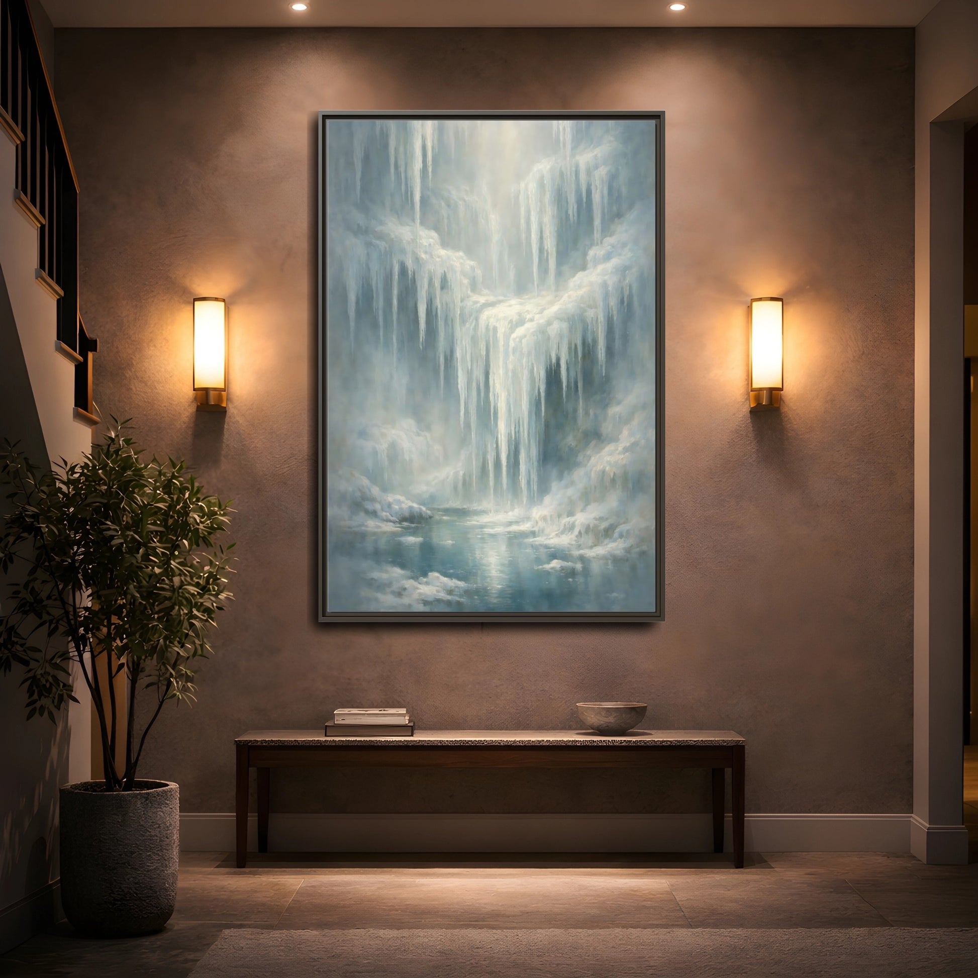 Mockup 4. Nature Icefall Winter Icefall shown as stretched canvas wall art