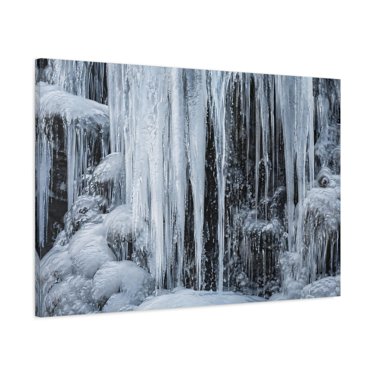 Main Mockup. Nature Icicles Blue And Grey shown as stretched canvas wall art