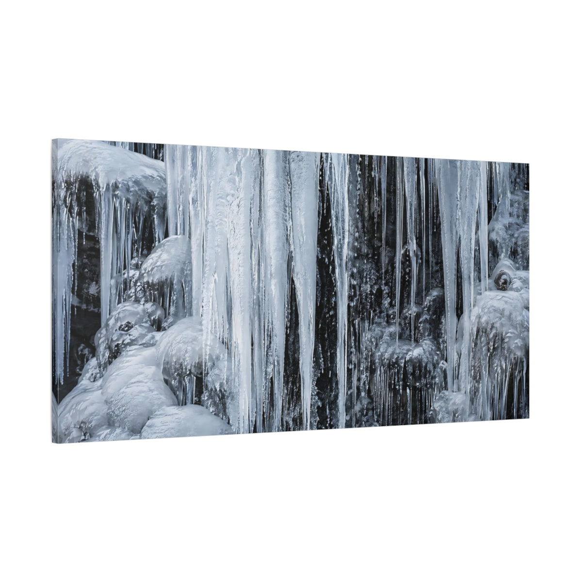 Side Mockup 2. Nature Icicles Blue And Grey shown as stretched canvas wall art