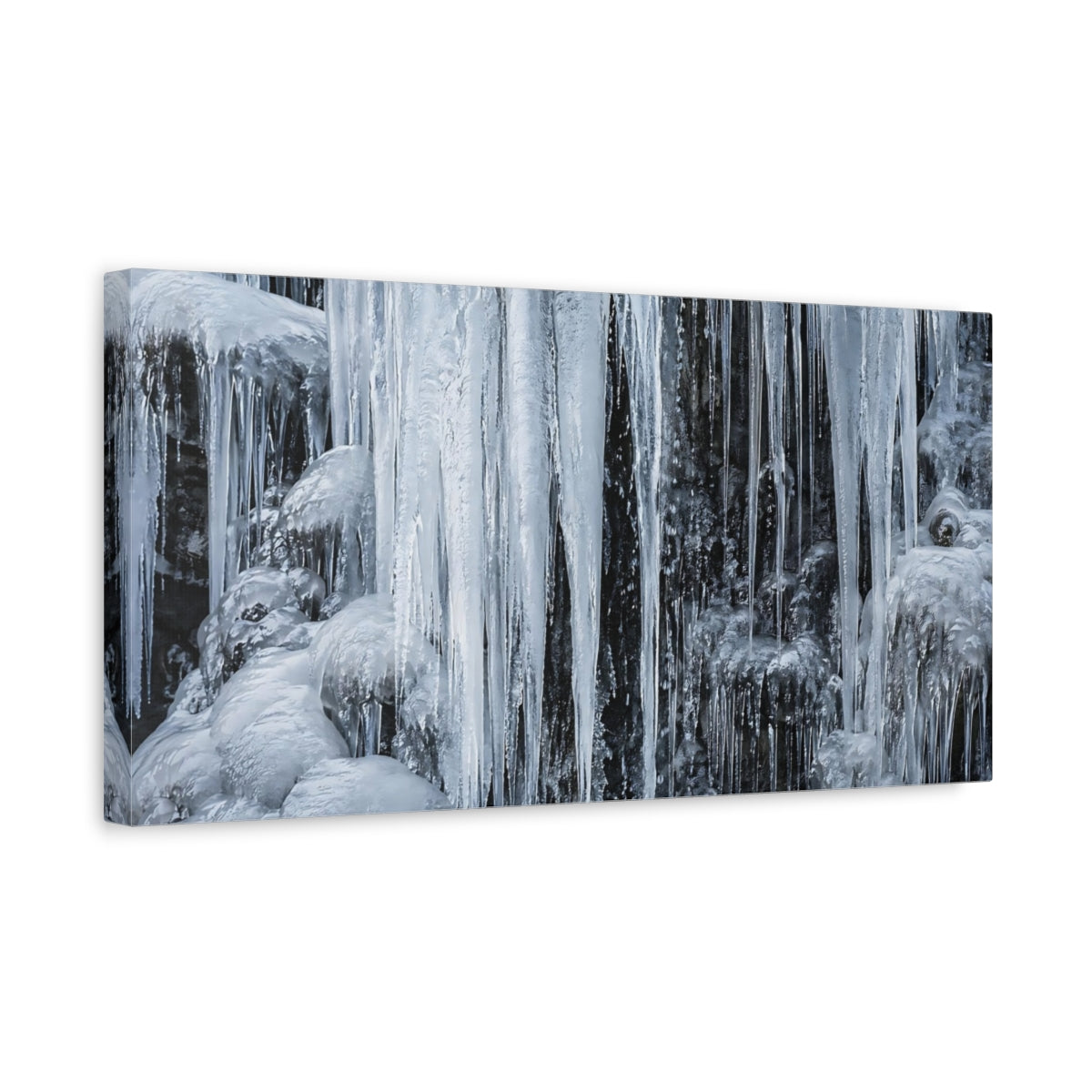 Side Mockup 3. Nature Icicles Blue And Grey shown as stretched canvas wall art