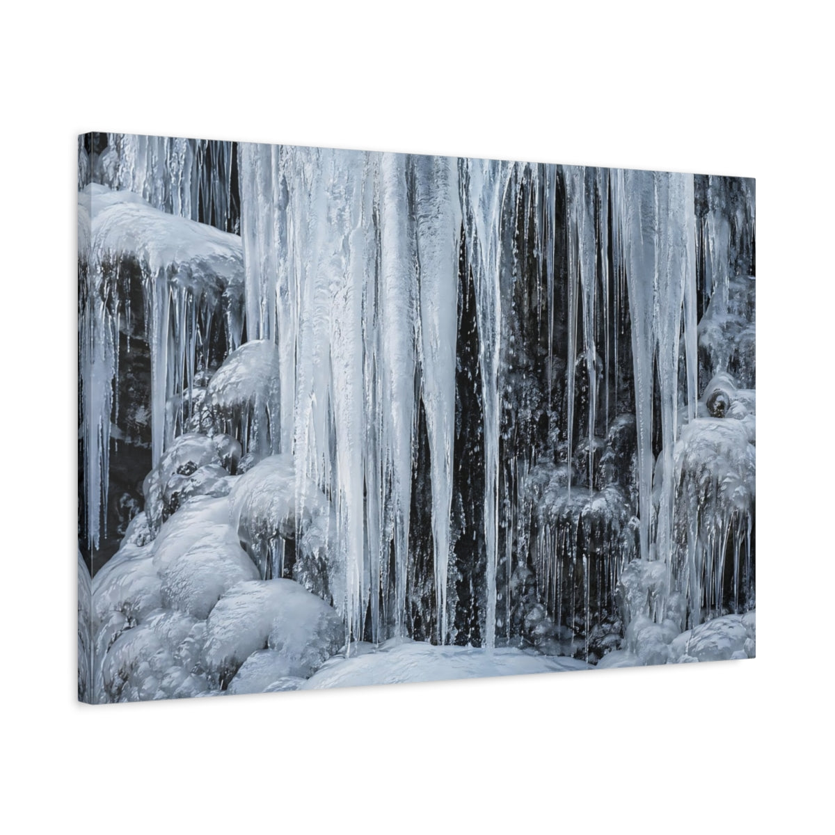 Side Mockup 2. Nature Icicles Blue And Grey shown as stretched canvas wall art