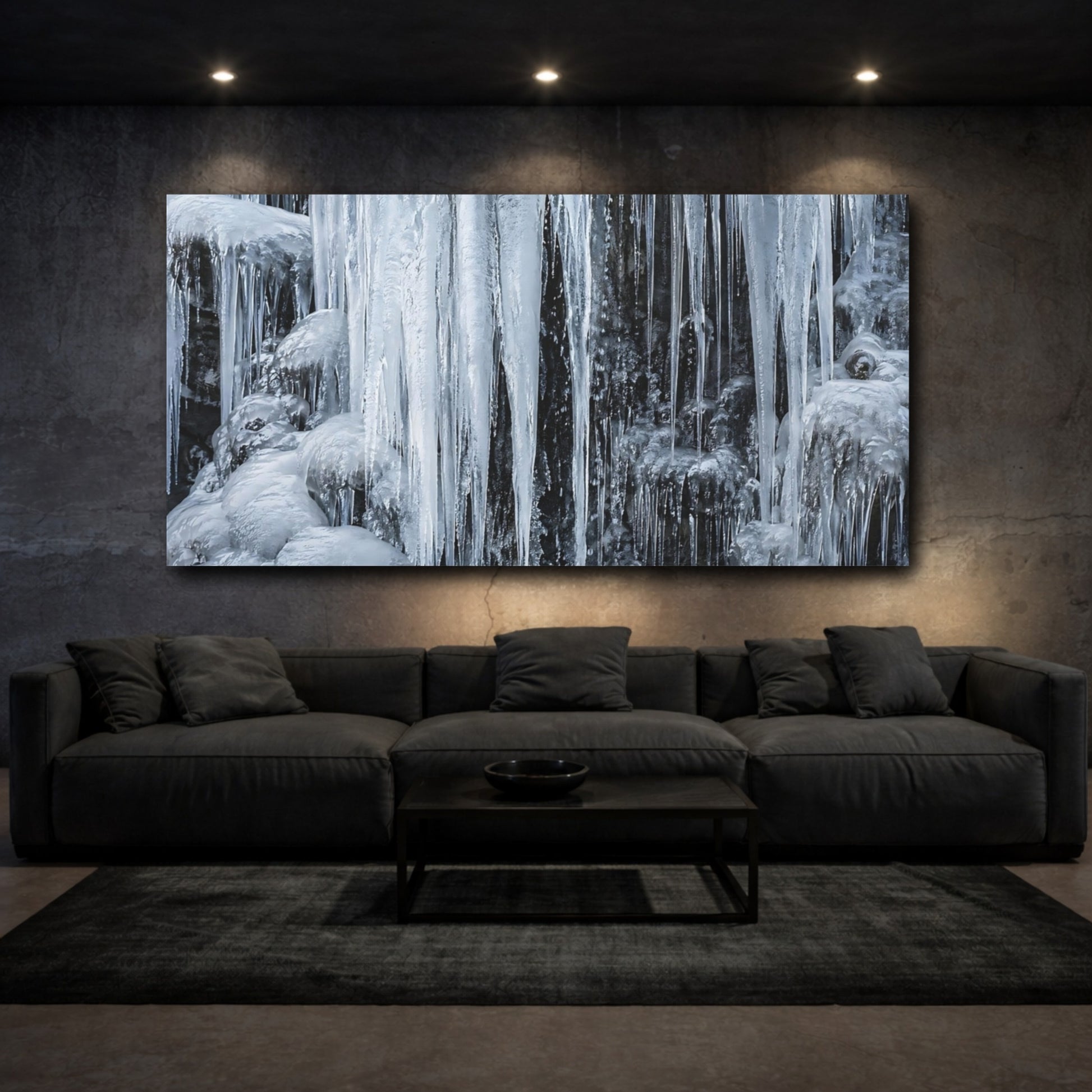Mockup 2. Nature Icicles Blue And Grey shown as stretched canvas wall art