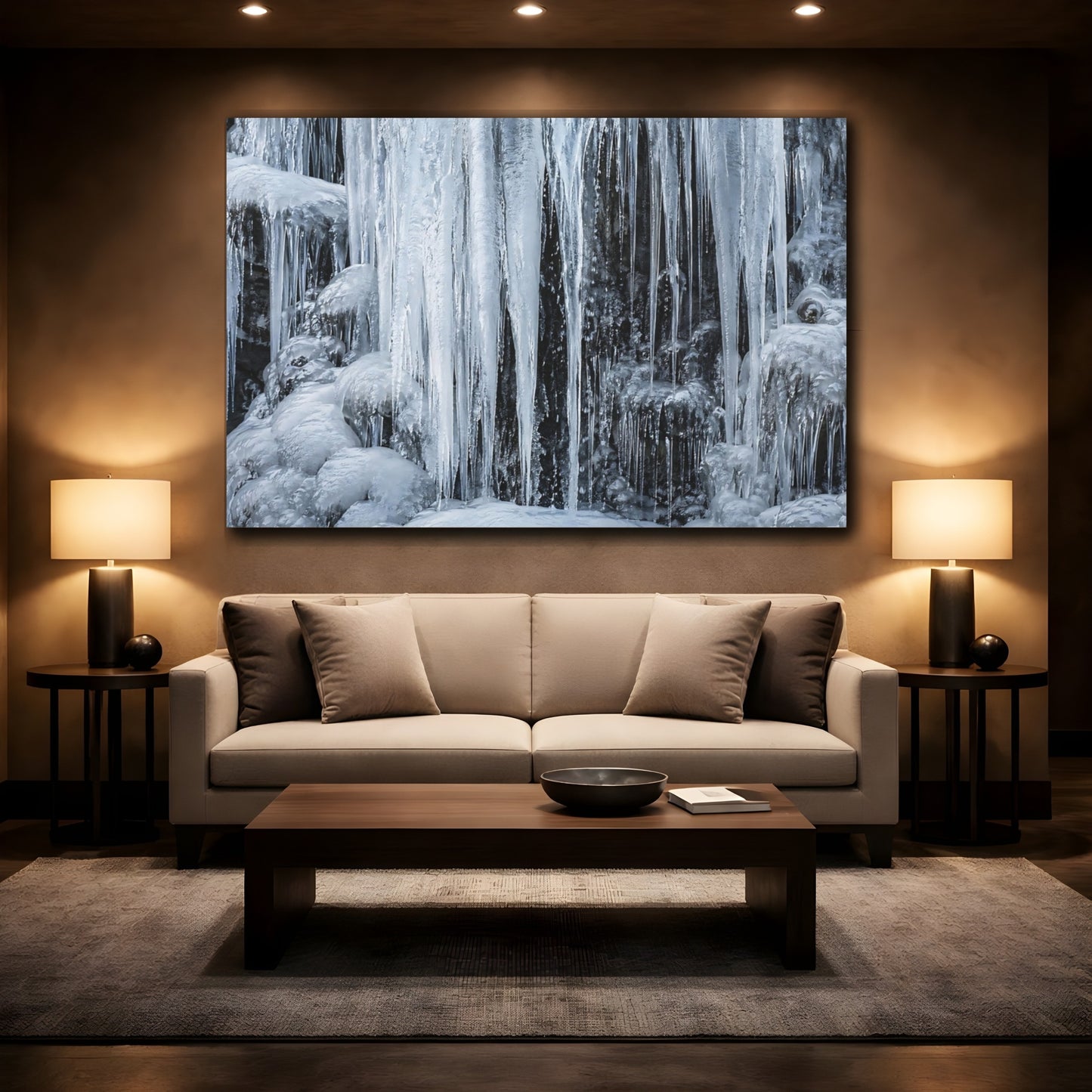 Mockup 2. Nature Icicles Blue And Grey shown as stretched canvas wall art