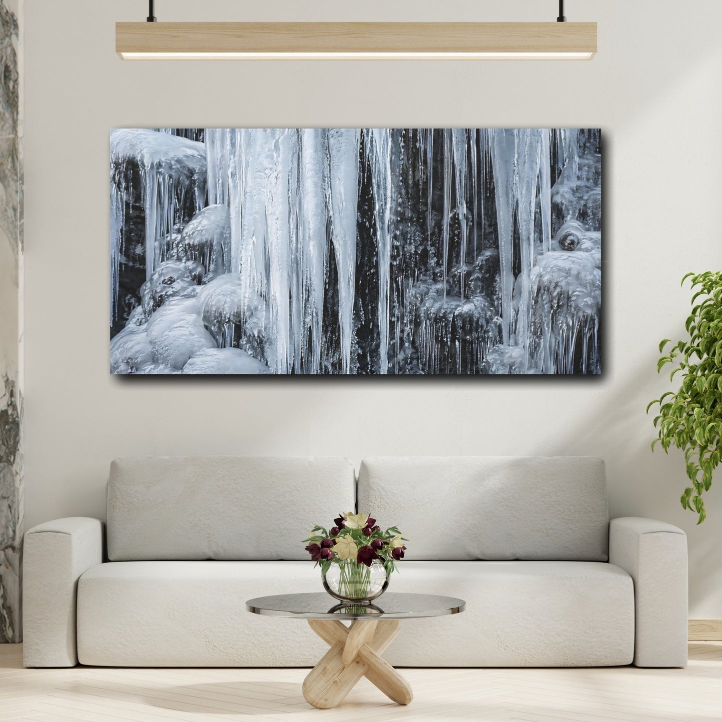 Mockup 3. Nature Icicles Blue And Grey shown as stretched canvas wall art