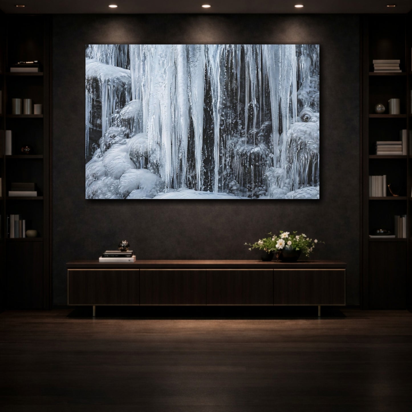 Mockup 3. Nature Icicles Blue And Grey shown as stretched canvas wall art