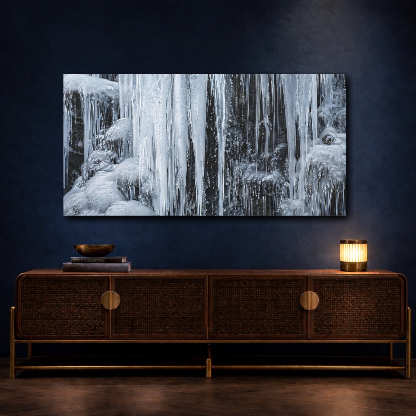 Mockup 4. Nature Icicles Blue And Grey shown as stretched canvas wall art