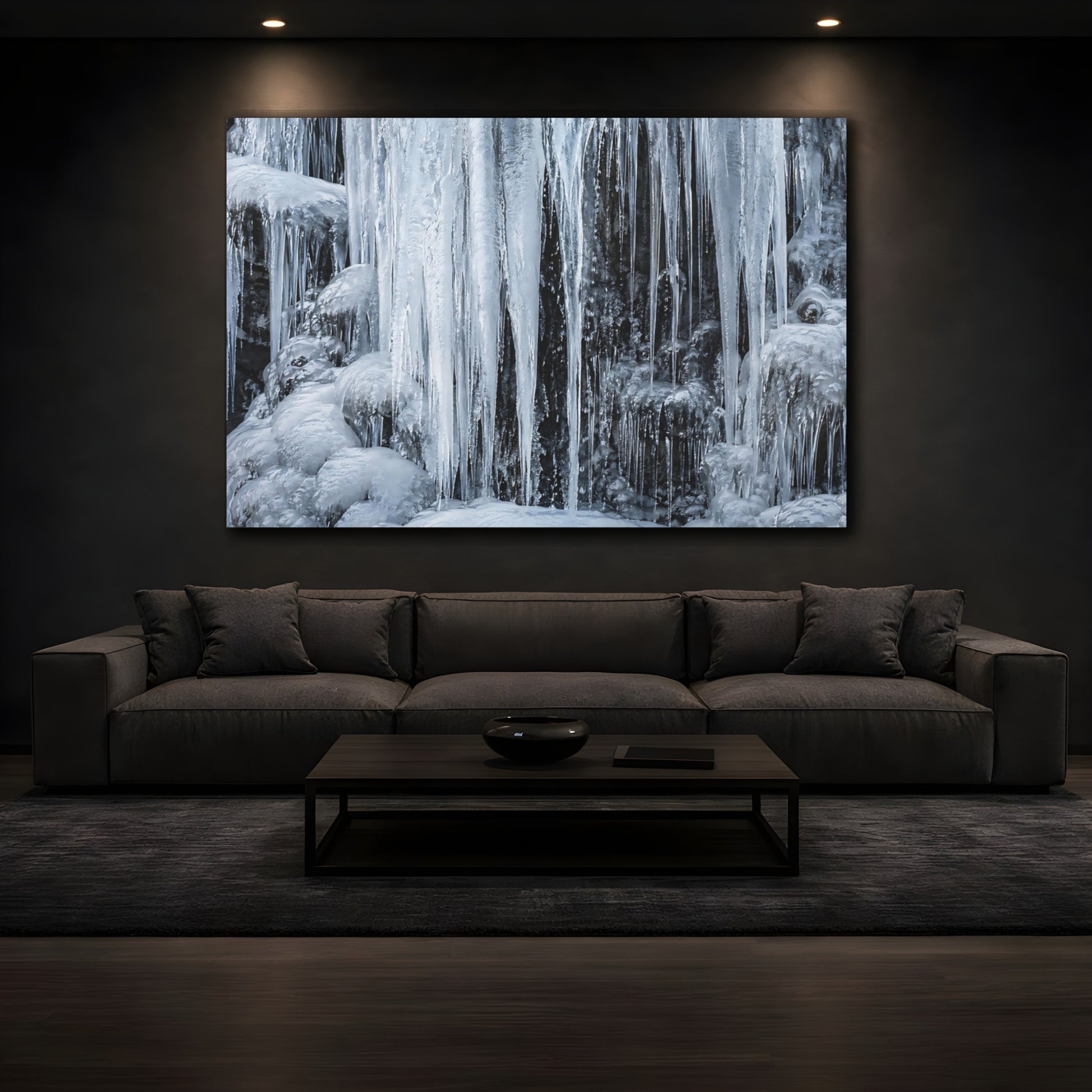 Mockup 4. Nature Icicles Blue And Grey shown as stretched canvas wall art