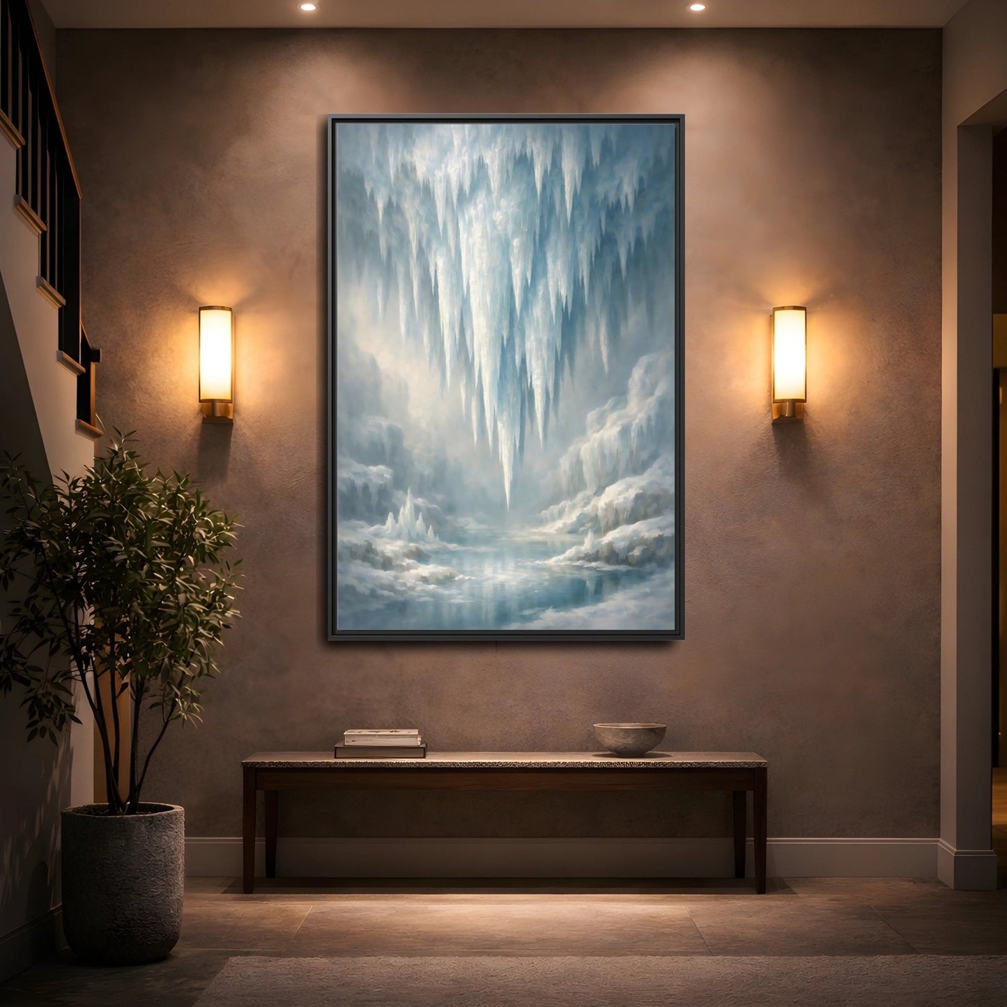 Nature Icicles Blue White - Framed Canvas Wall Art Print - YesArtYes