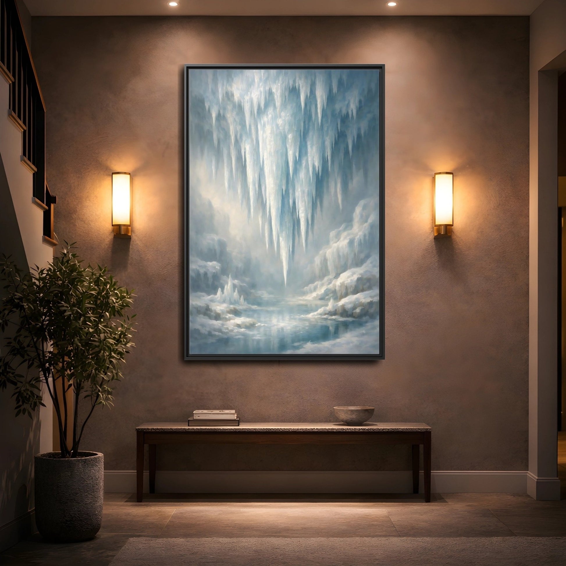 Nature Icicles Blue White - Framed Canvas Wall Art Print - YesArtYes