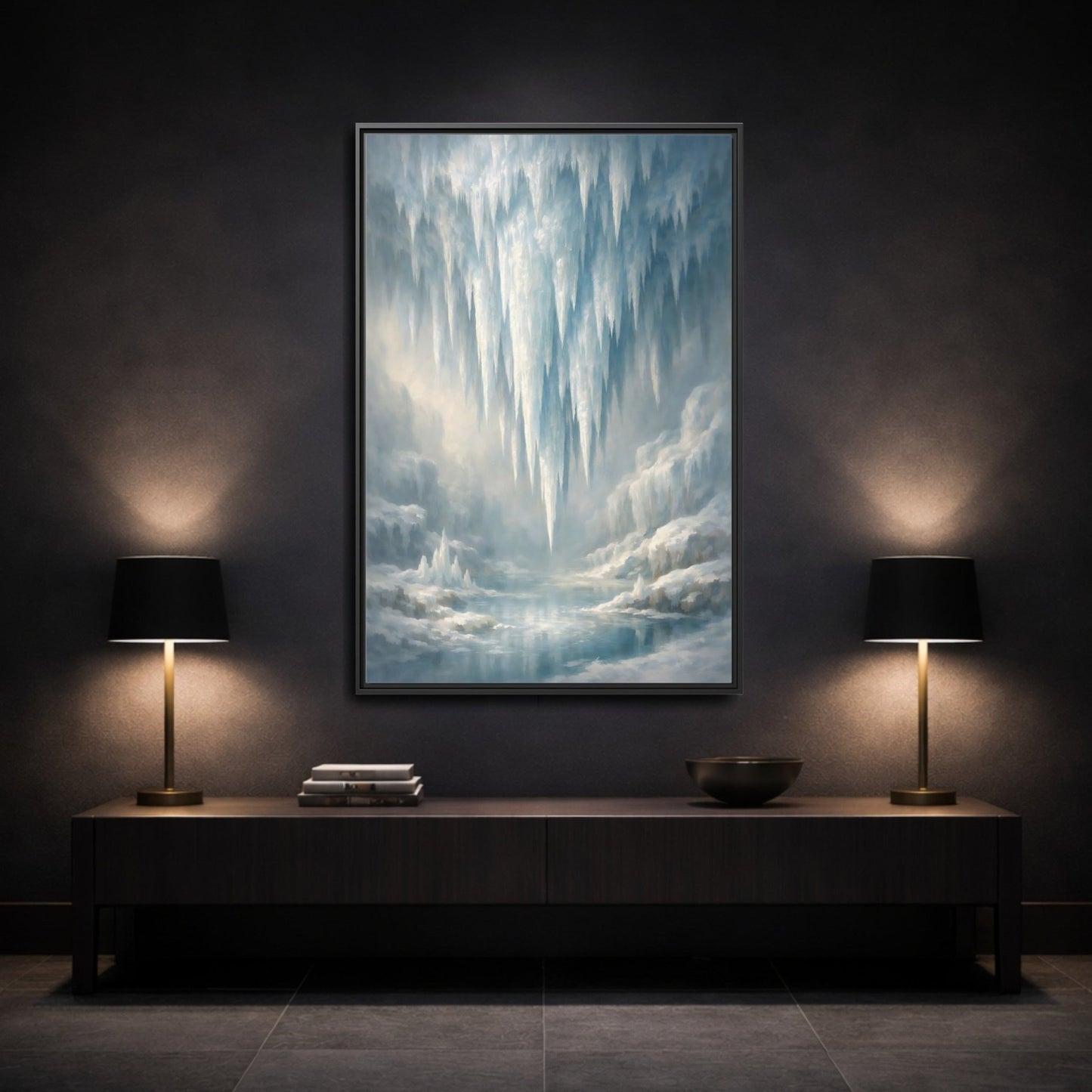 Nature Icicles Blue White - Framed Canvas Wall Art Print - YesArtYes