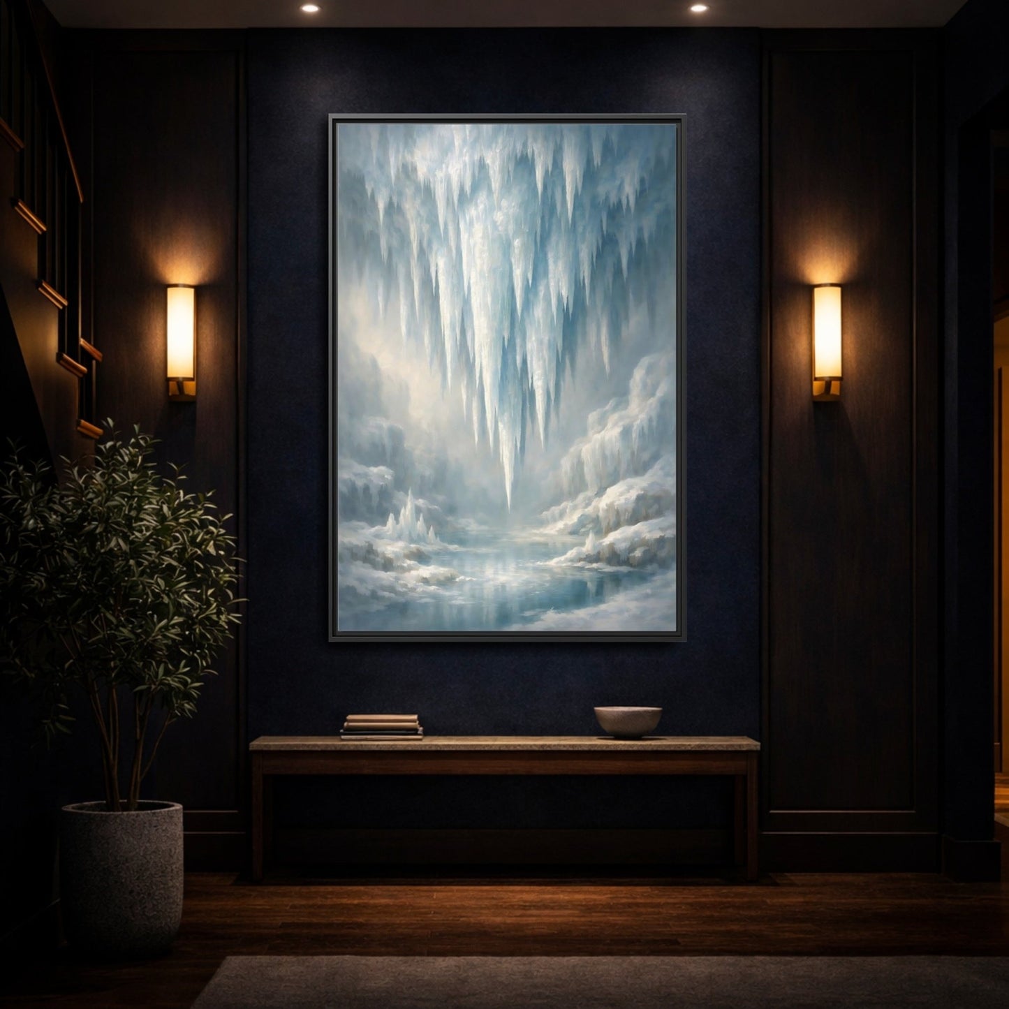 Nature Icicles Blue White - Framed Canvas Wall Art Print - YesArtYes