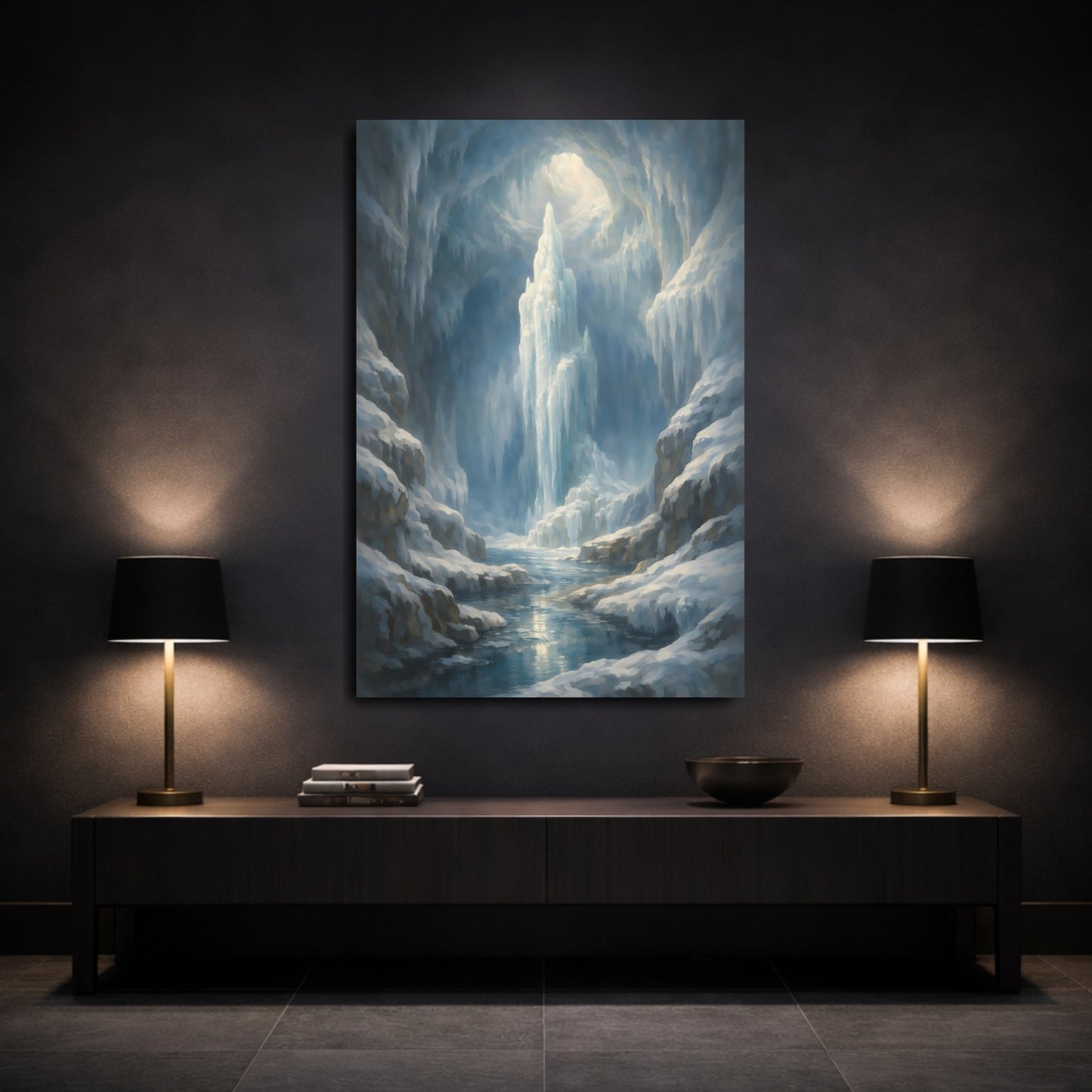 Mockup 2. Nature Icy Cave Blue Winter Landscape shown as stretched canvas wall art