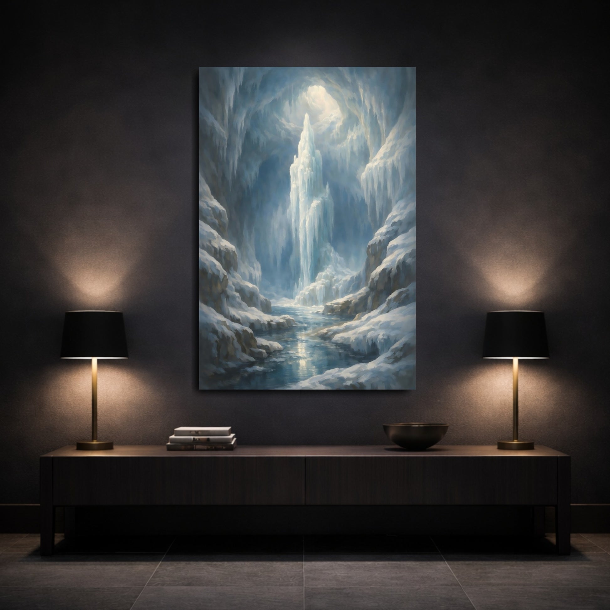 Mockup 2. Nature Icy Cave Blue Winter Landscape shown as stretched canvas wall art