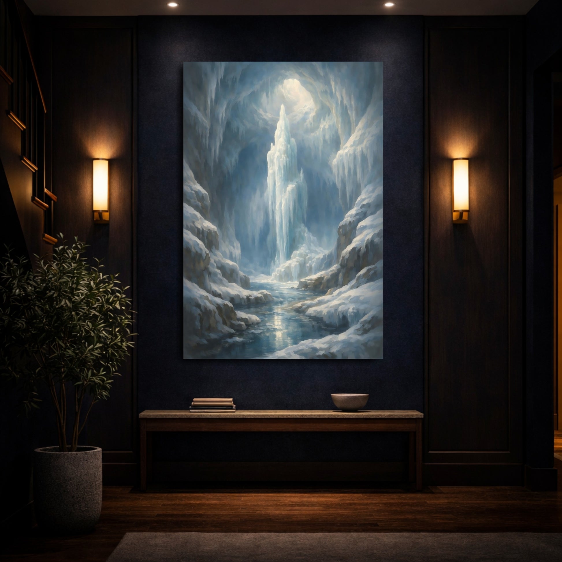 Mockup 3. Nature Icy Cave Blue Winter Landscape shown as stretched canvas wall art